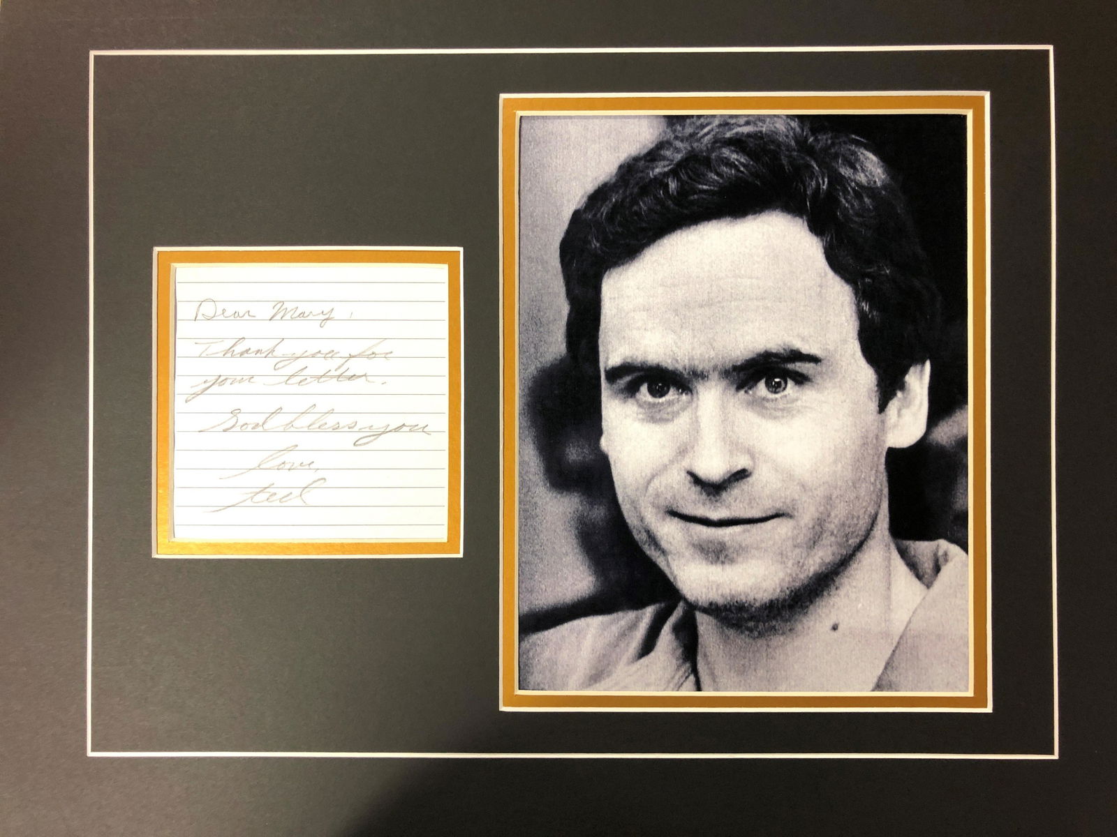 Ted Bundy Autograph Display, Signed Thank You Note (1 of 1)