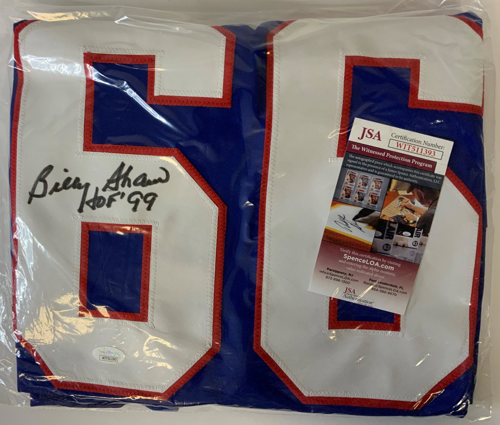 Billy Shaw JSA Witnessed Autographed Jersey: Displays are assembled AFTER payment is received, picture is a mock up of finished product. Displays are not framed, and can be framed for a cost. Framed items will state they are framed in the name o