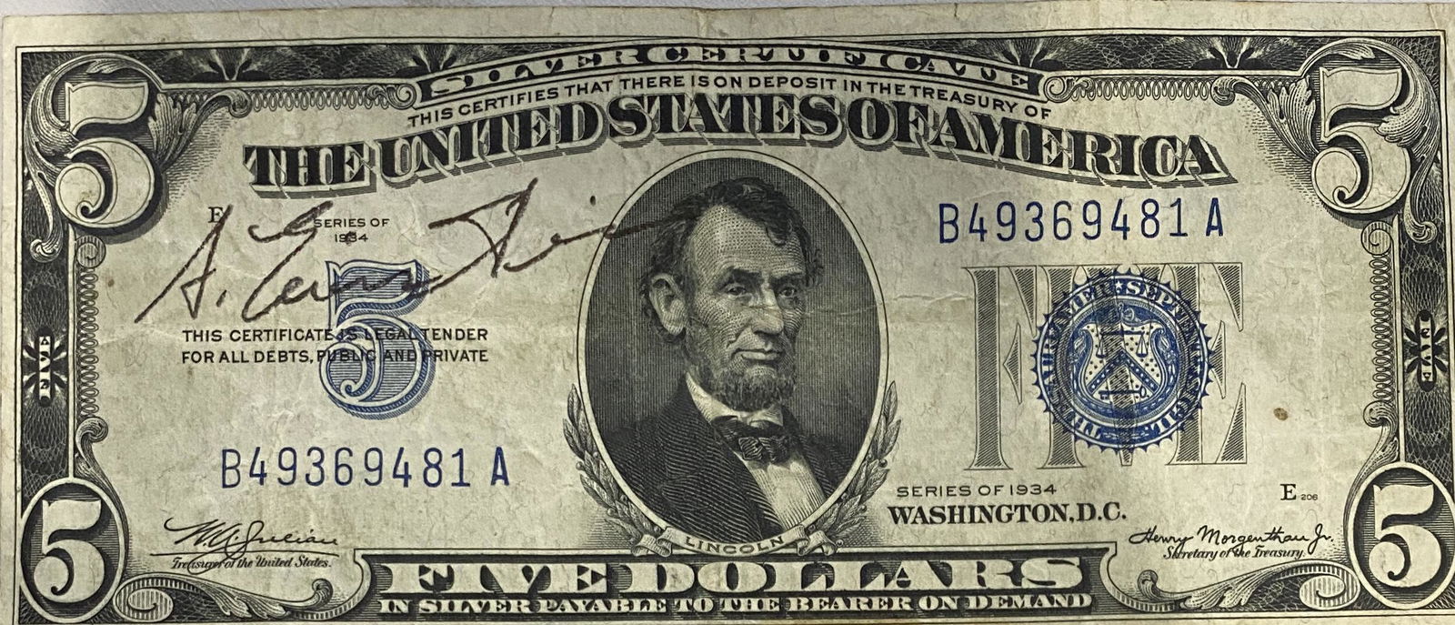 Albert Einstein Autographed $5 Bill (1 of 1)