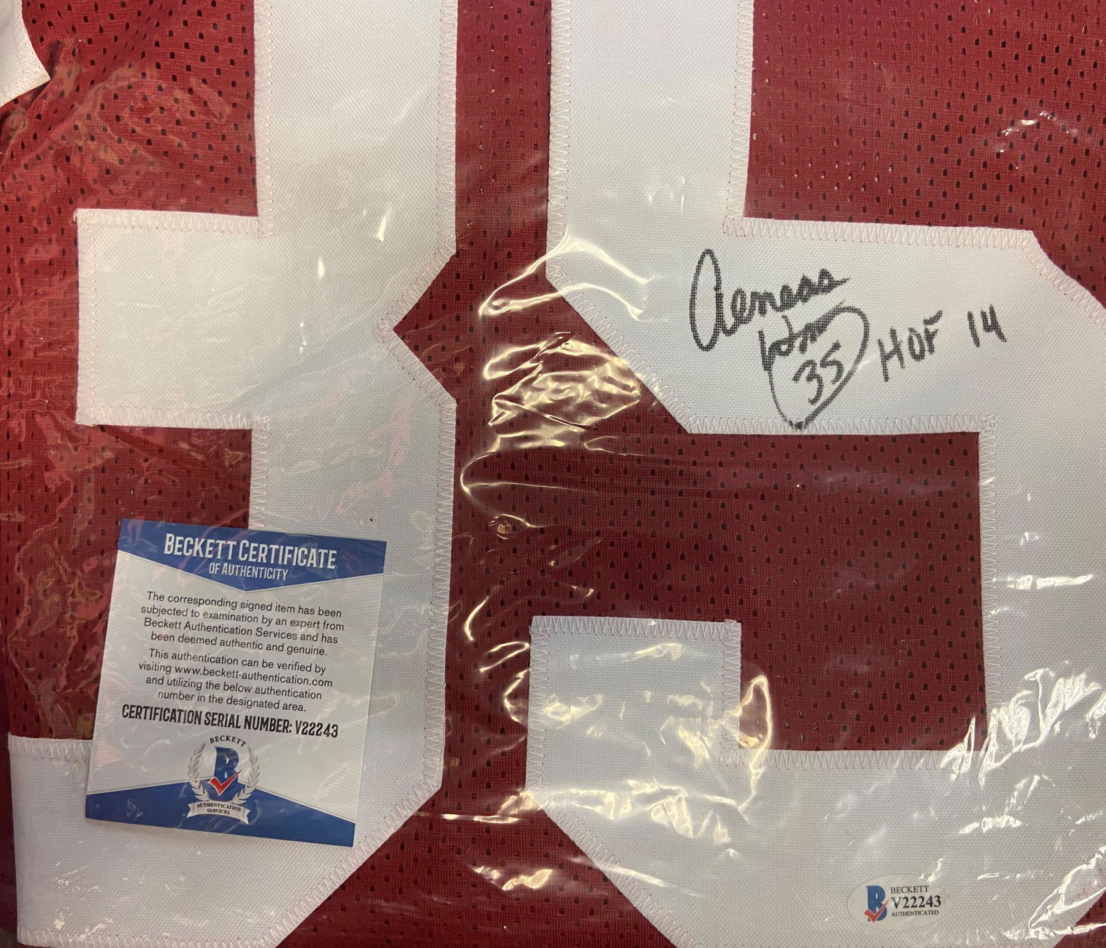 Aeneas Williams Beckett Cert Autographed Jersey: Displays are assembled AFTER payment is received, picture is a mock up of finished product. Displays are not framed, and can be framed for a cost. Framed items will state they are framed in the name o