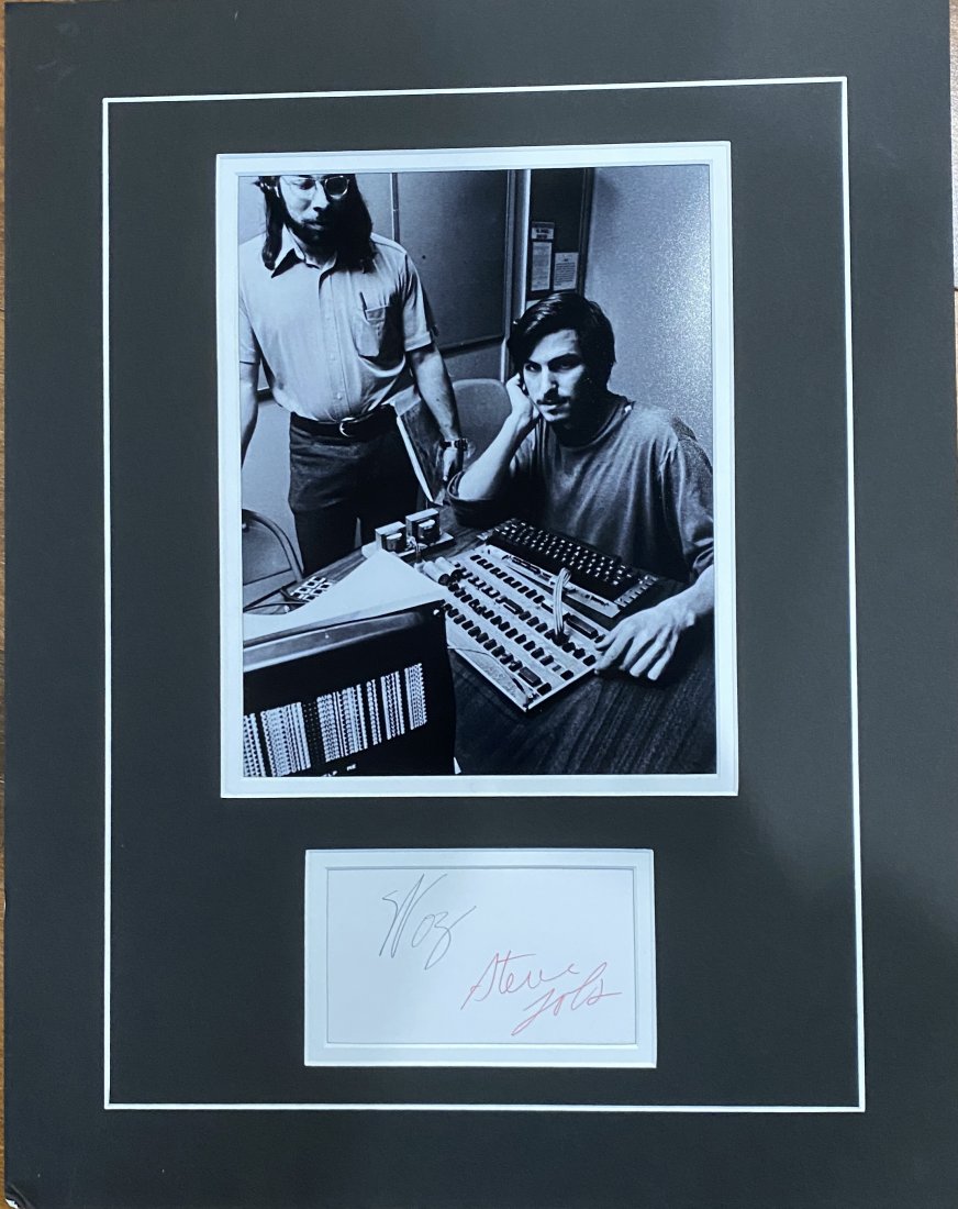 Steve Jobs and Woz Autographed Display: Displays are assembled AFTER payment is received, picture is a mock up of finished product. Displays are not framed, and can be framed for a cost. Framed items will state they are framed in the name o