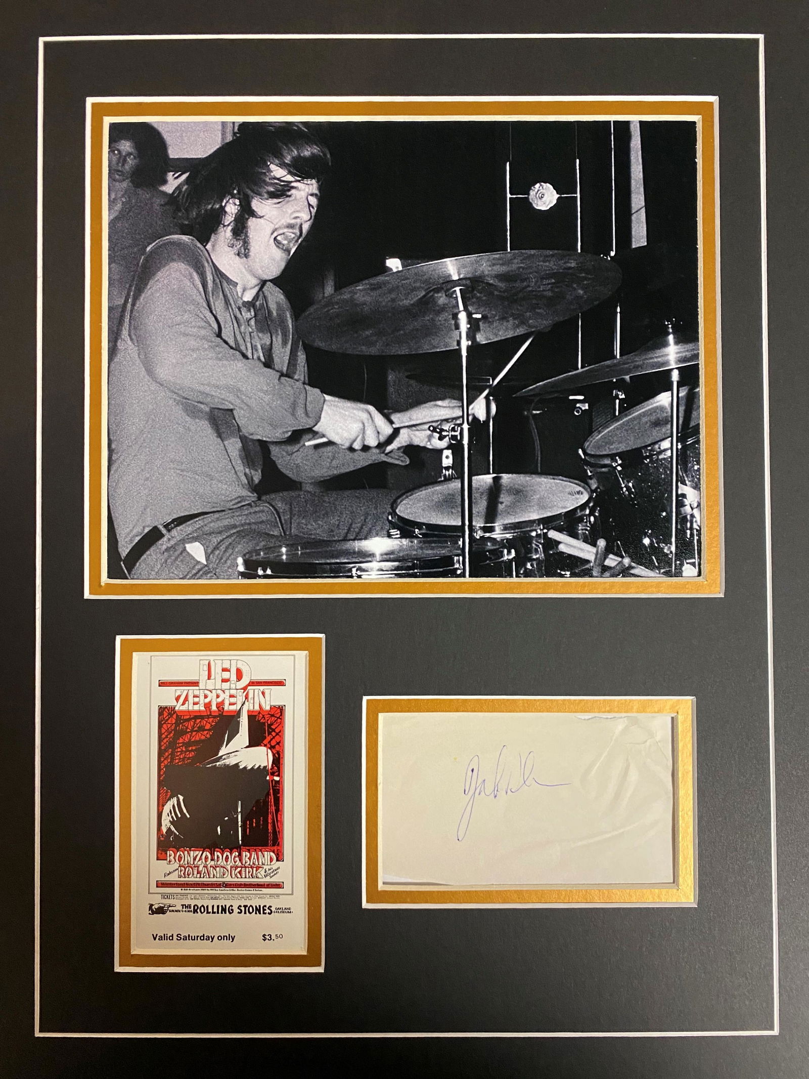 John Bonham Autograph Display with Original Led Zeppelin Event ticket (1 of 1)