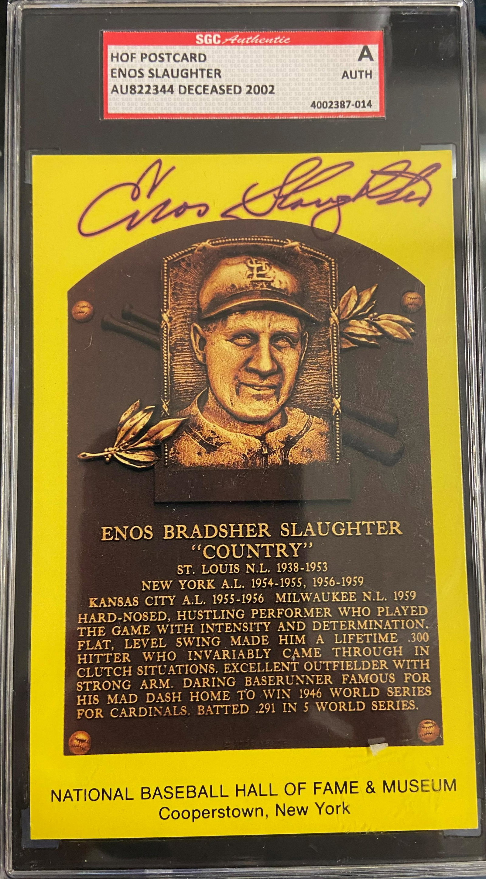 Enos Slaughter Slabbed Autographed Postcard SGC Authenticated (1 of 1)