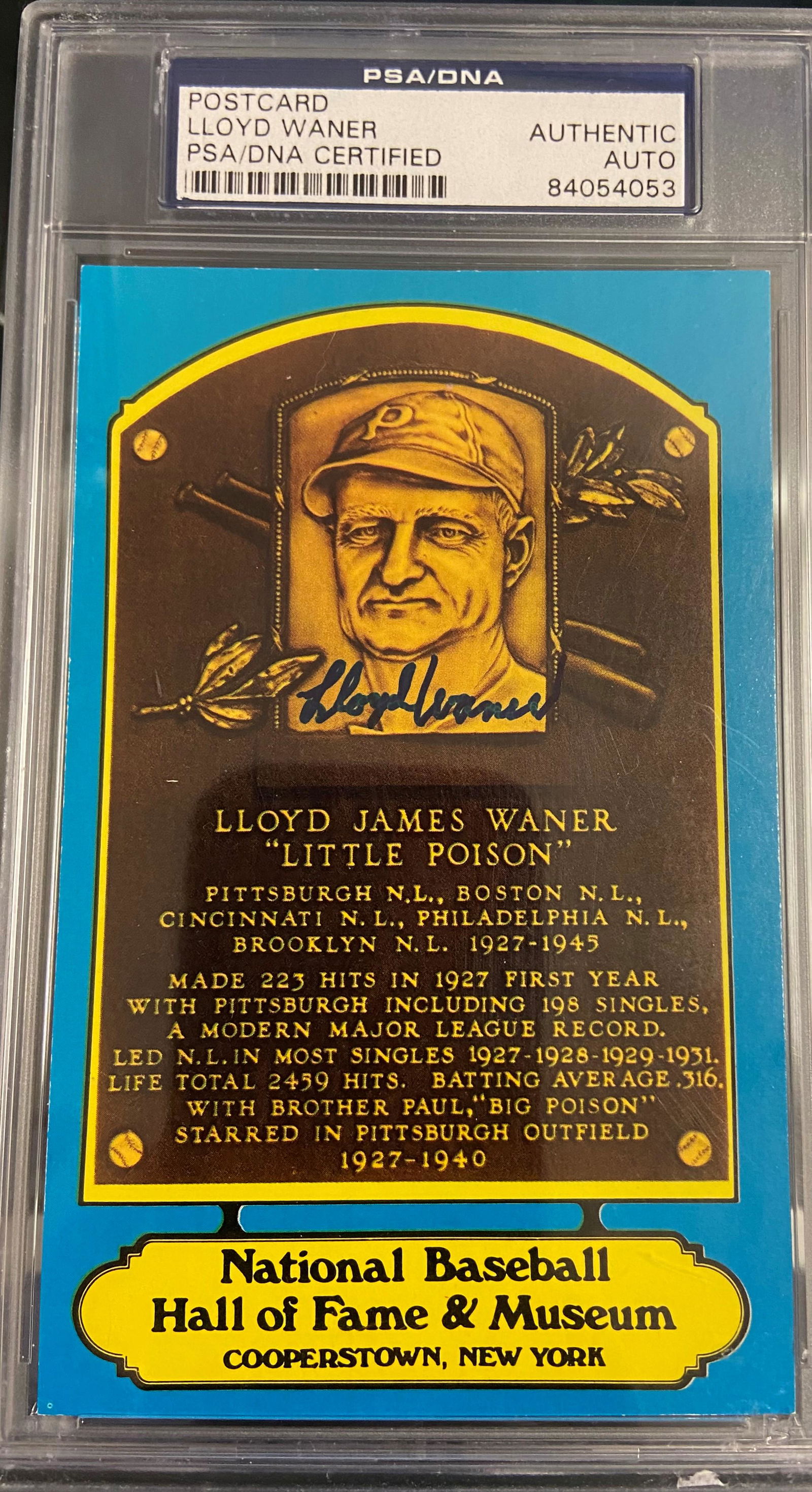 Lloyd Waner Slabbed Autographed Postcard PSA Authenticated (1 of 1)
