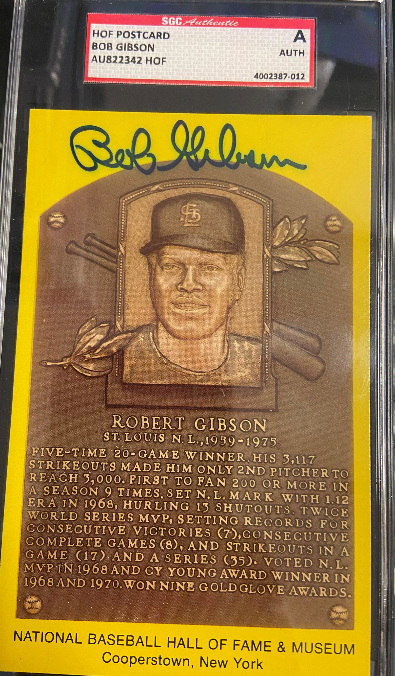 Bob Gibson Slabbed Autographed Postcard PSA Authenticated: Displays are assembled AFTER payment is received, picture is a mock up of finished product. Displays are not framed, and can be framed for a cost. Framed items will state they are framed in the name o