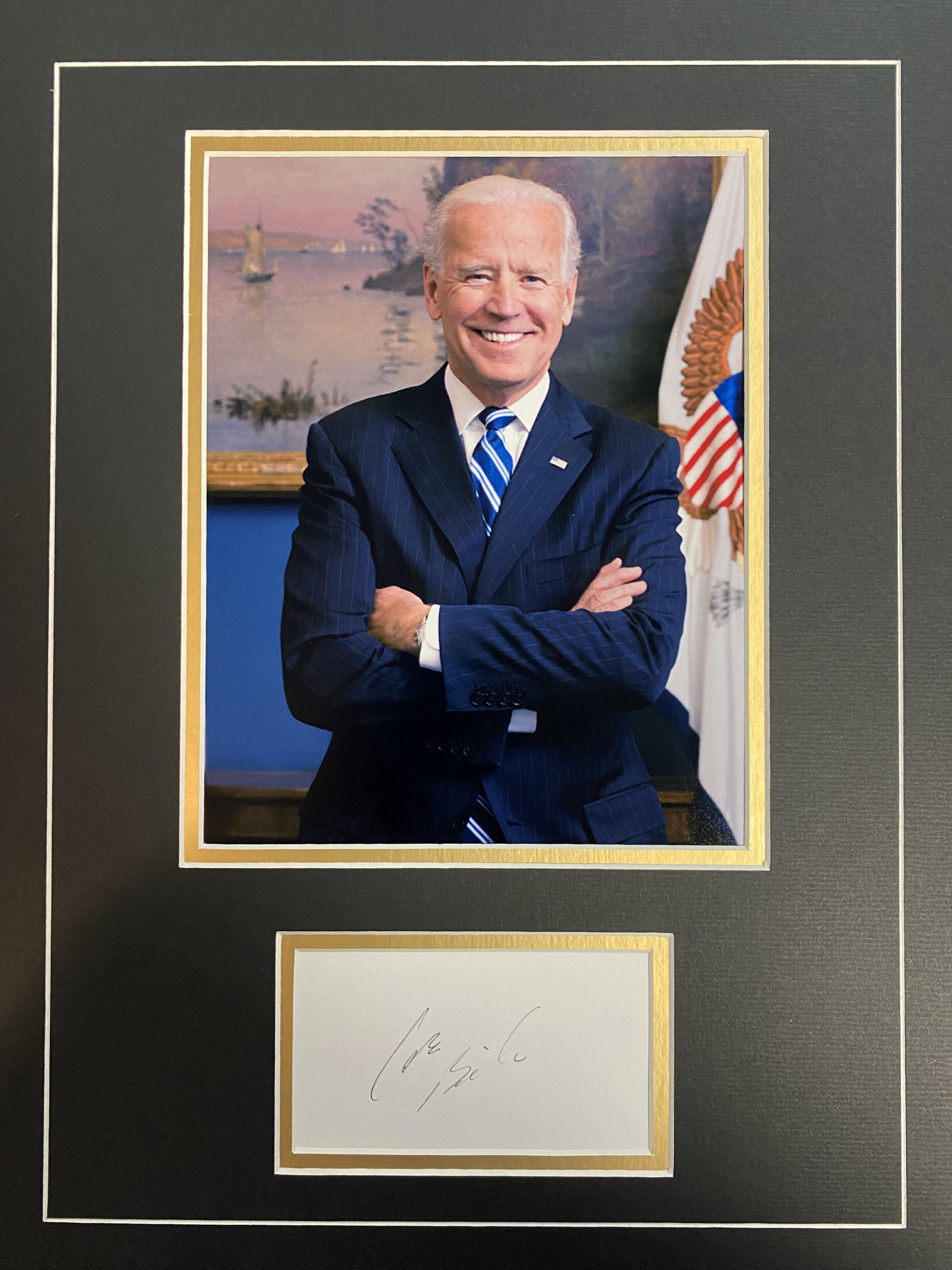Joe Biden Autograph Display: Displays are assembled AFTER payment is received, picture is a mock up of finished product. Displays are not framed, and can be framed for a cost. Framed items will state they are framed in the name o