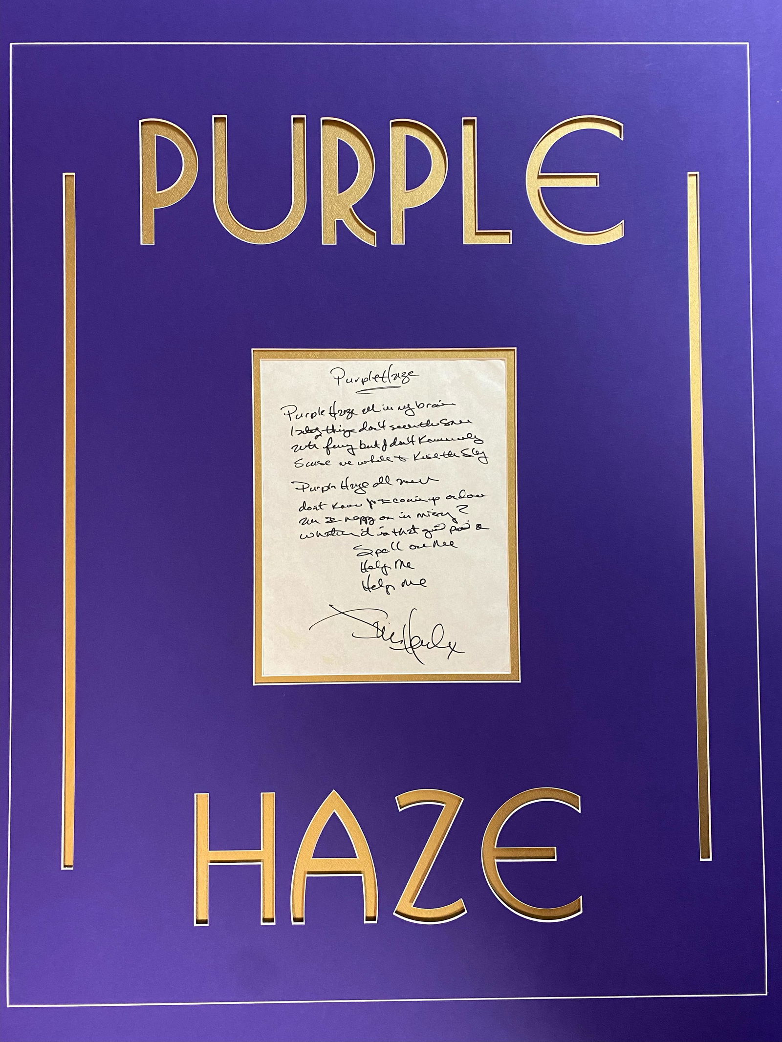 Jimi HENDRIX Purple Haze Hand Written Lyrics. 24x30 Display: Displays are not framed, and can be framed for a cost. Framed items will state they are framed in the name of the item. All signed items come with a COA. Ask any and all questions BEFORE bidding. Sign