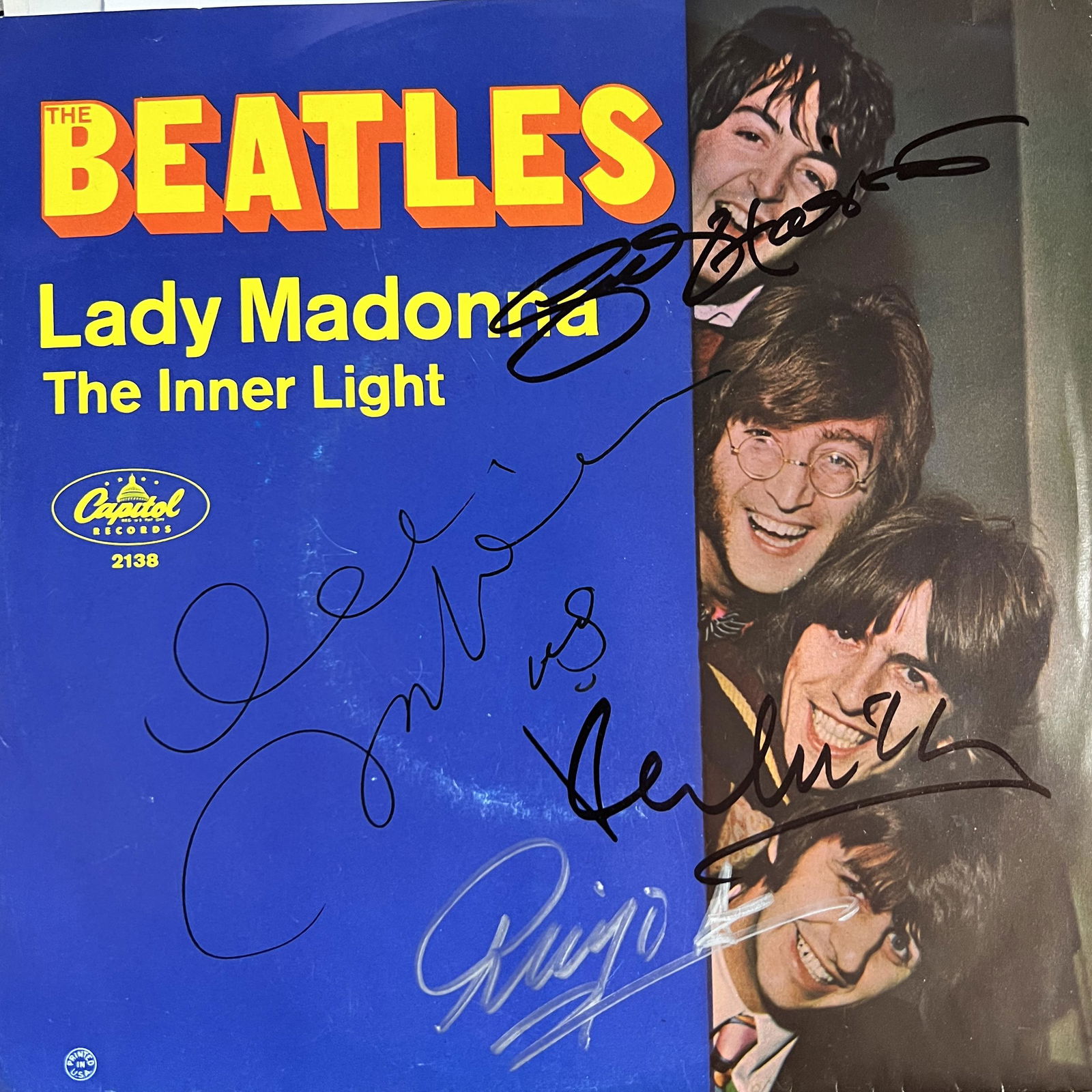 The Beatles Autographed ALBUM! All 4!: Very rare 7" single for Lady Madonna autographed by all 4 Beatles.Displays are not framed, and can be framed for a cost. Framed items will state they are framed in the name of the item. All signed ite