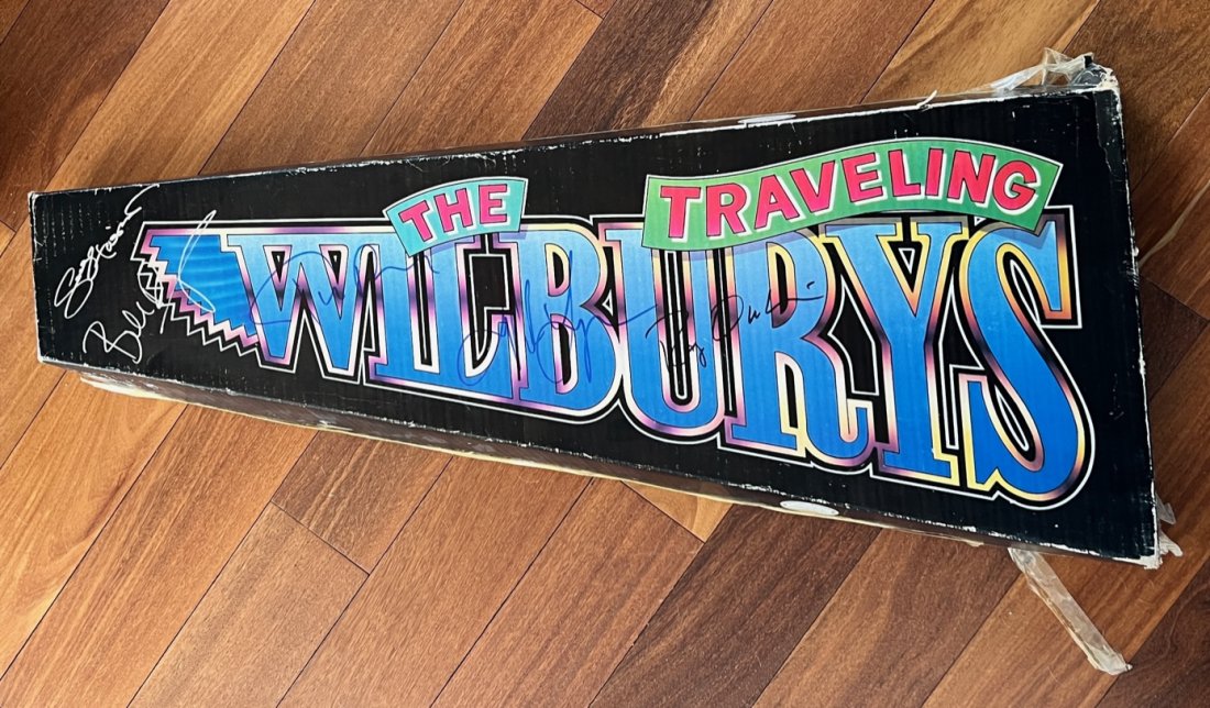 Traveling Wilburys Autographed Guitar Box: Signed by all of the Wilburys GEORGE ROY JEFF TOM BOB Very cool and Rare pieceDisplays are not framed, and can be framed for a cost. Framed items will state they are framed in the name of the item. Al