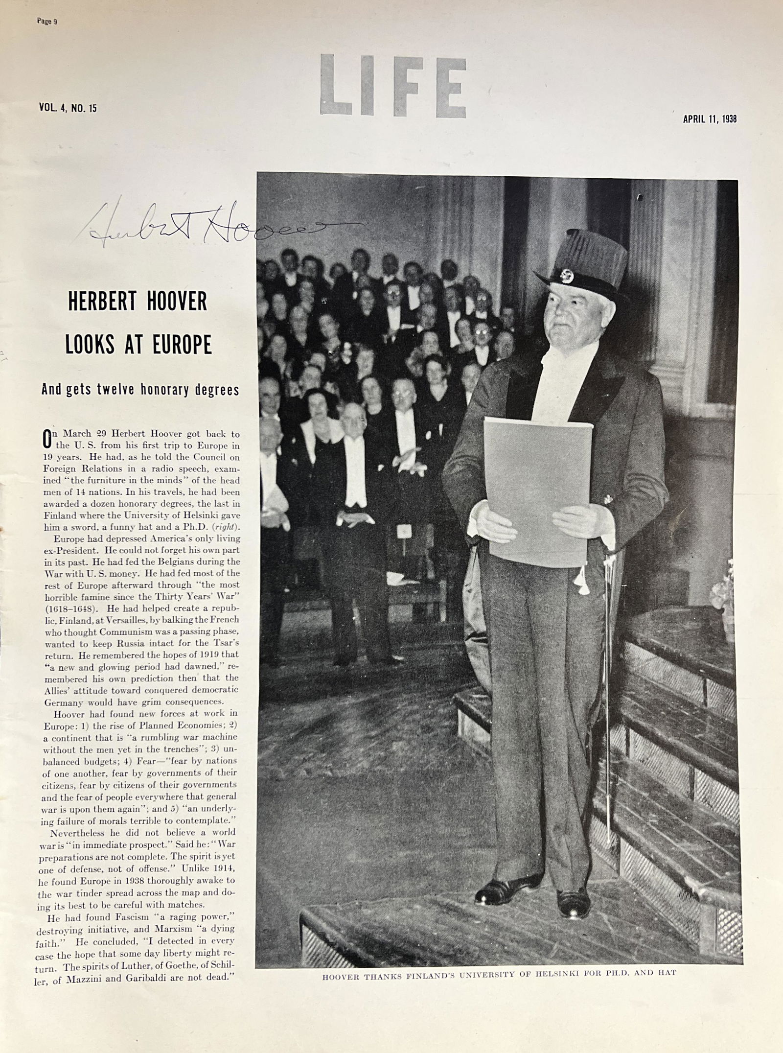 Herbert Hoover Autographed Life Magazine Page (1 of 1)