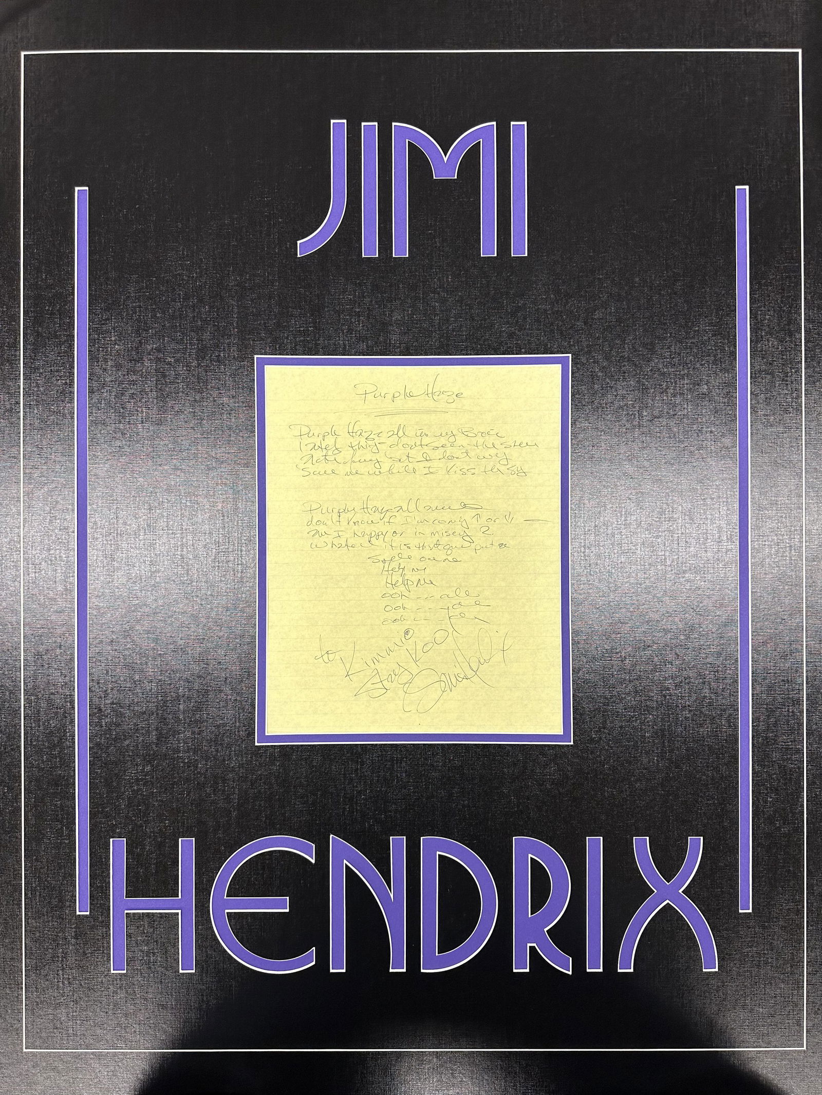 Jimi Hendrix Purple Haze Hand Written Lyric Display (1 of 1)