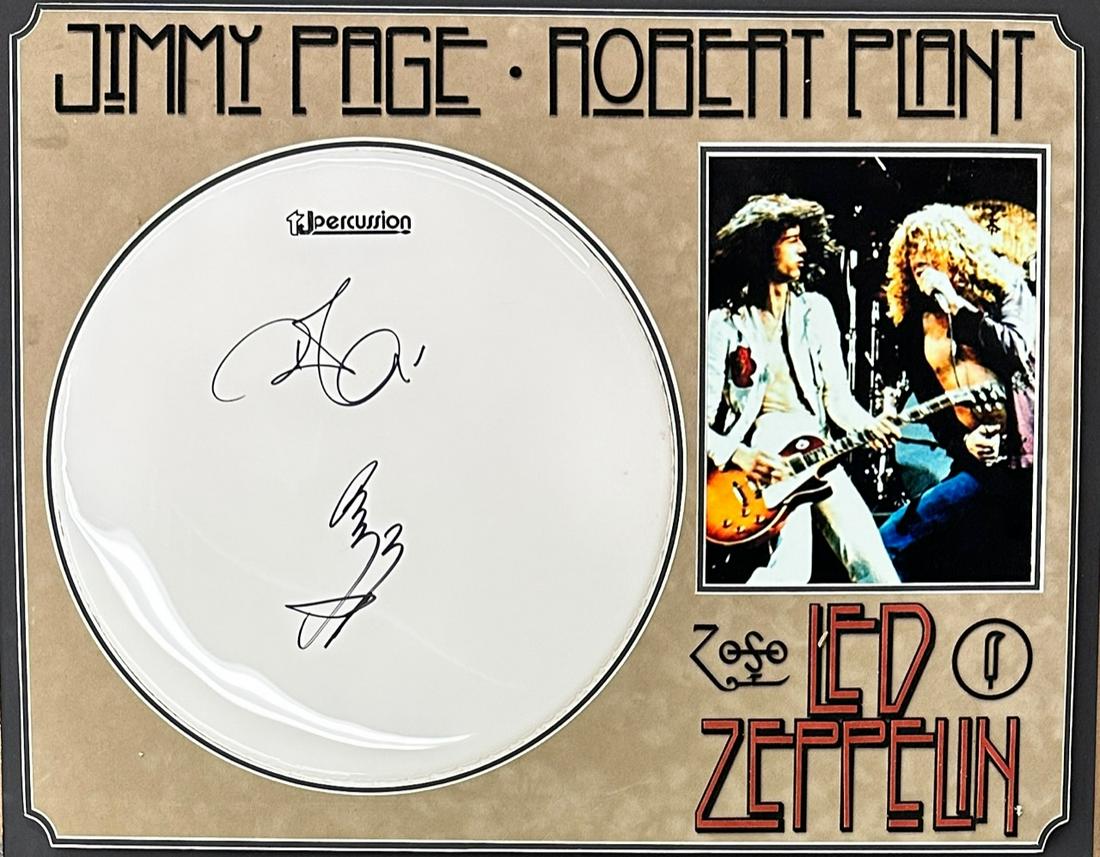 Robert Plant Jimmy Page Autographed Drumhead: Displays are not framed, and can be framed for a cost. Framed items will state they are framed in the name of the item. All signed items come with a COA. Ask any and all questions BEFORE bidding. Sign