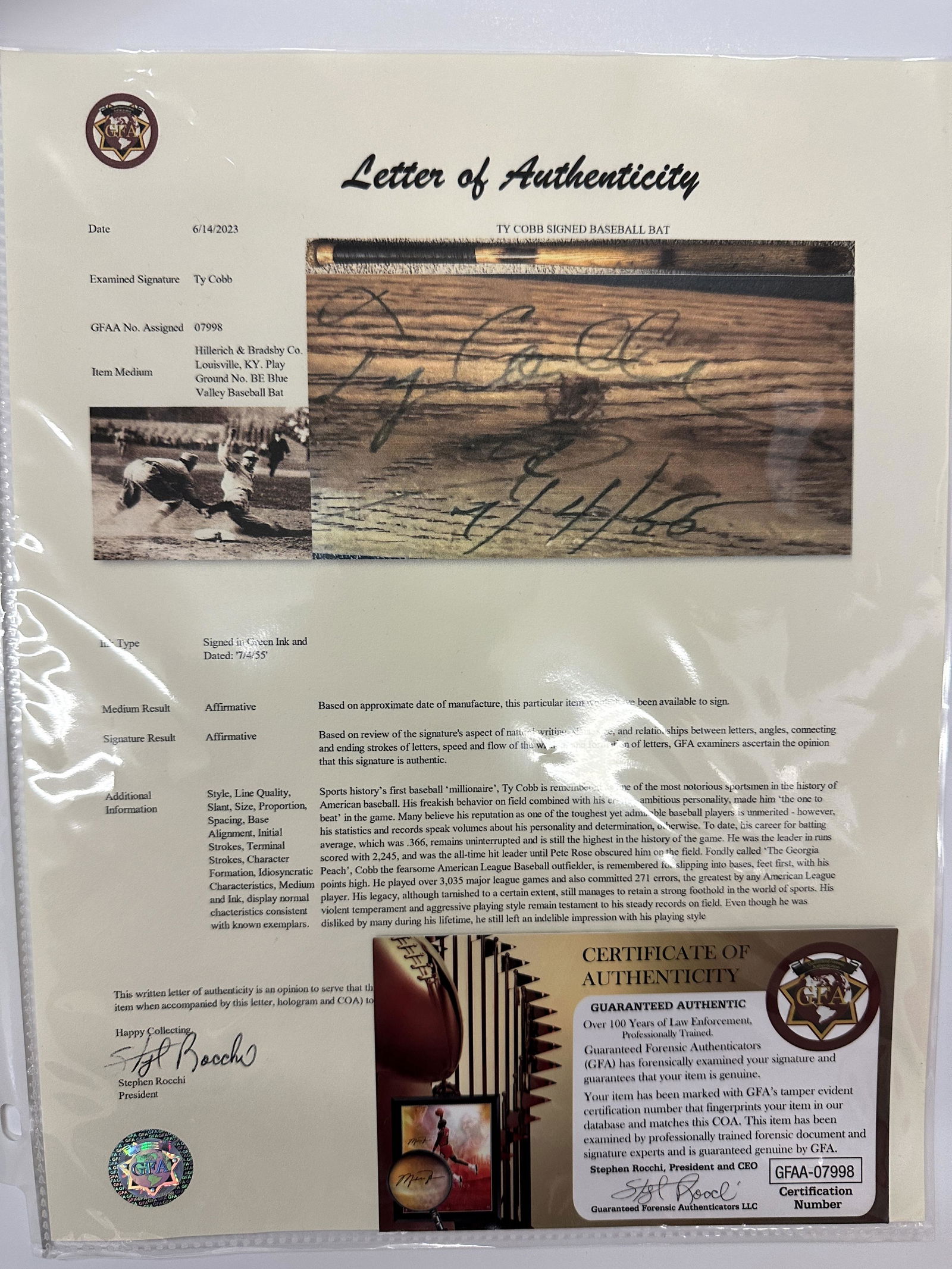 Ty Cobb Autographed Baseball Bat GFA CERTIFIED (1 of 2)