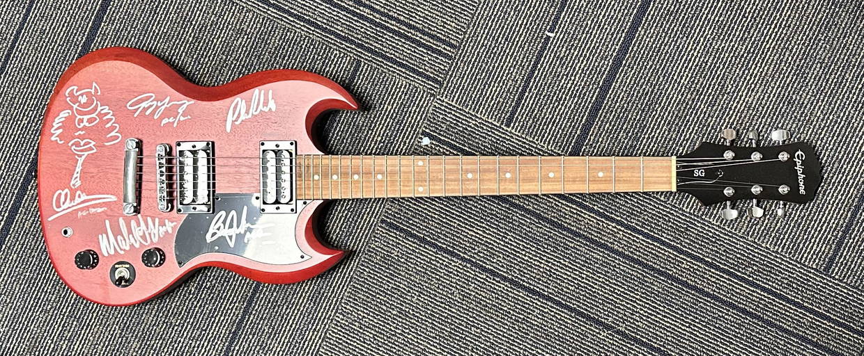 Ac/dc Autographed Guitar All 5 Angus Sketch