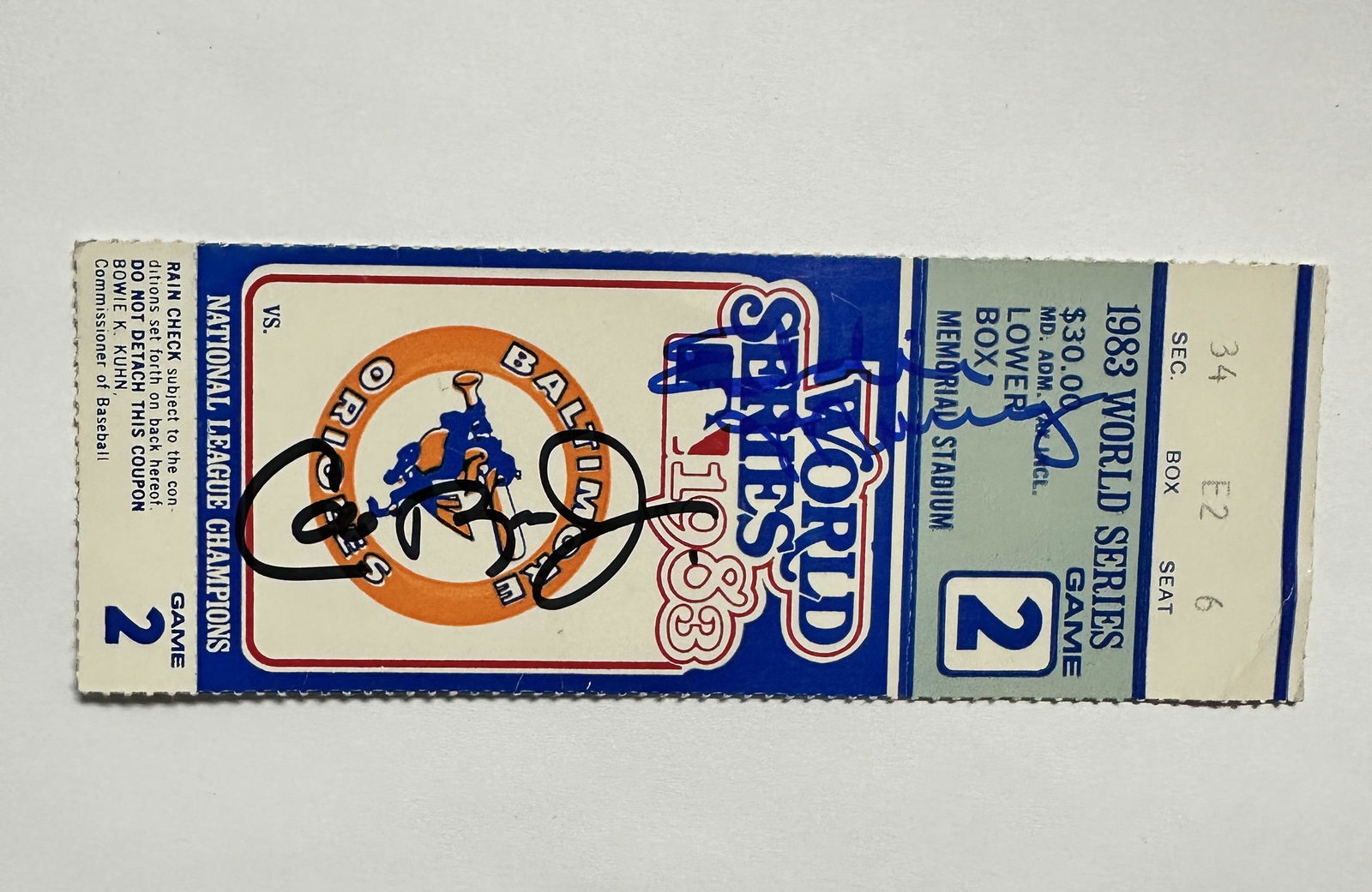 Cal Ripken Jr Eddie Murray Autographed 1983 World Series Ticket (1 of 1)