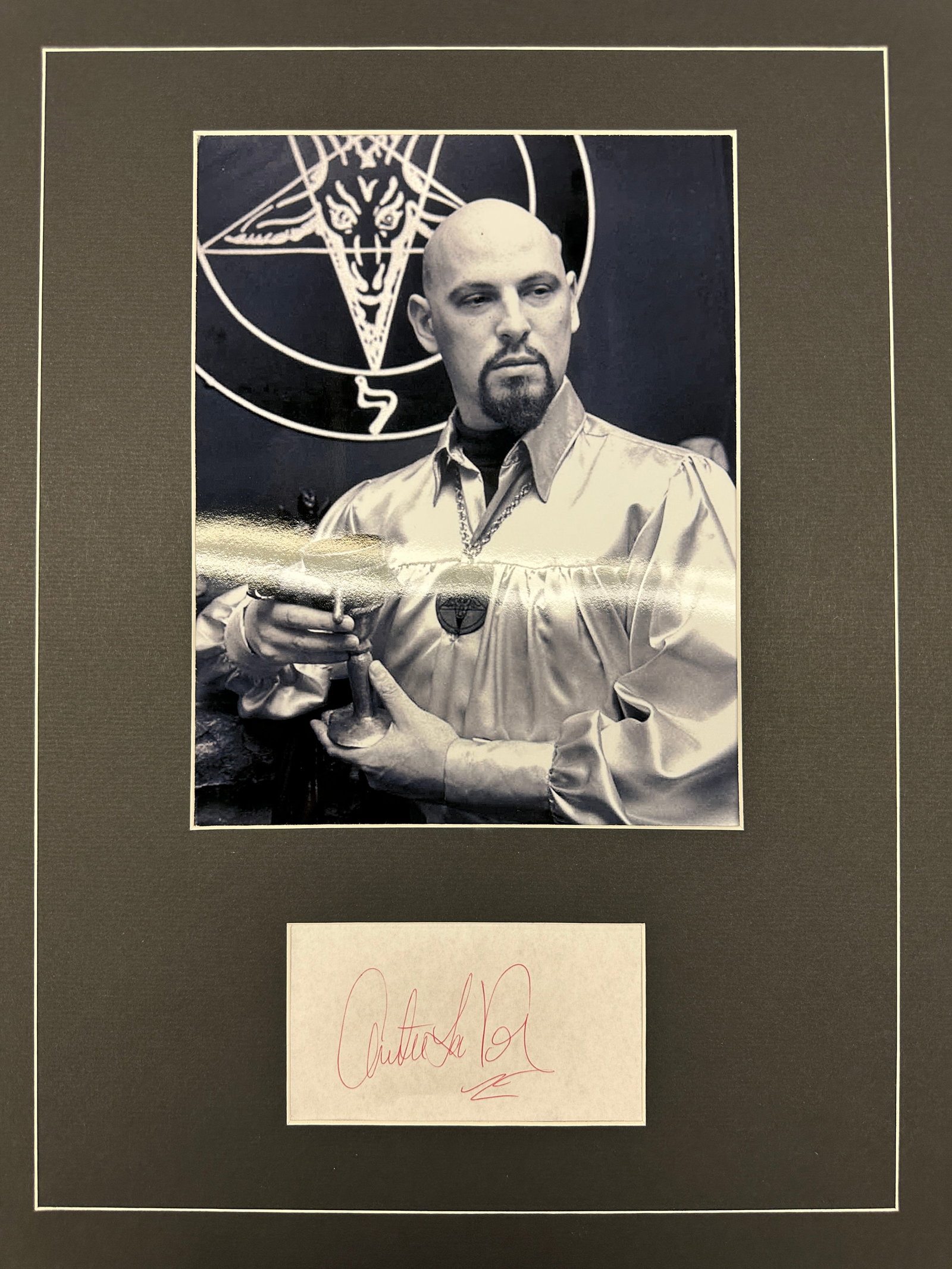 Anton LaVey Autographed DISPLAY: Displays are not framed, and can be framed for a cost. Framed items will state they are framed in the name of the item. All signed items come with a COA. Ask any and all questions BEFORE bidding. Sign