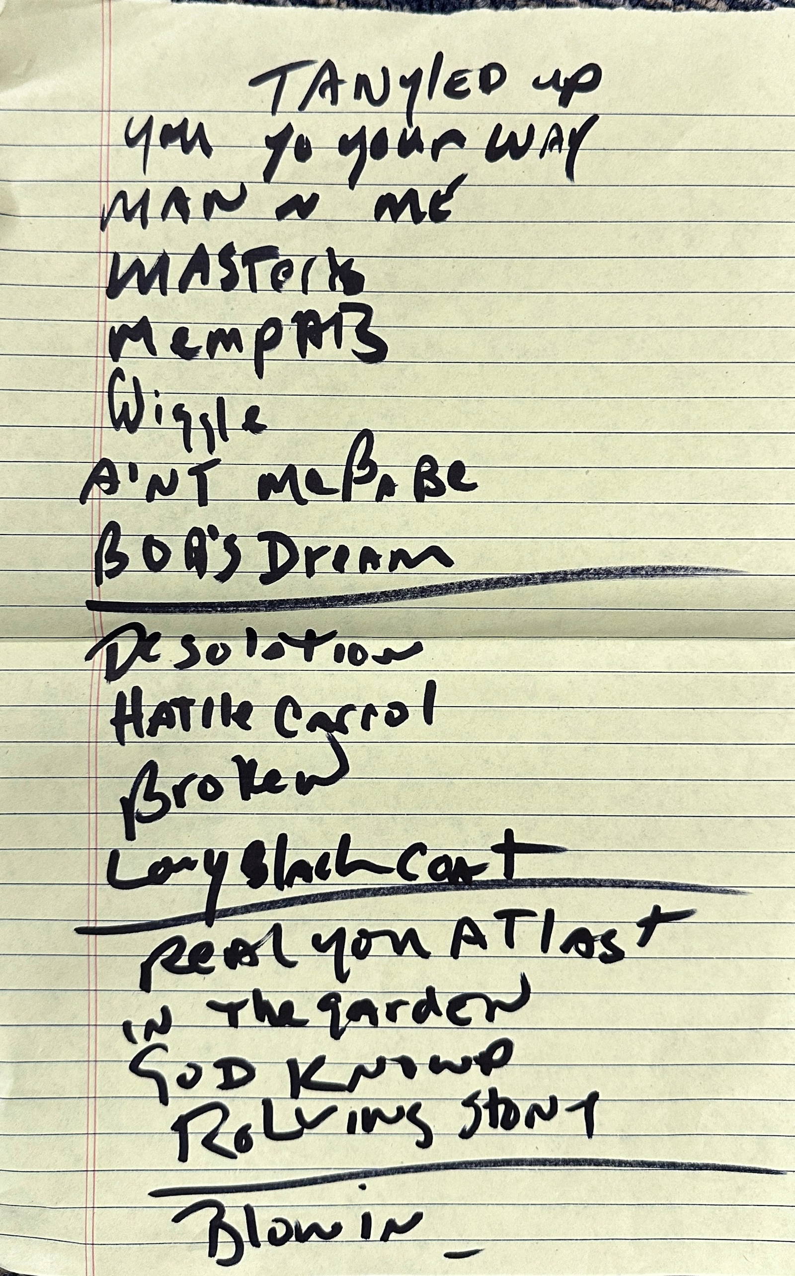 Bob Dylan Autographed Handwritten Setlist! Rare! Auction