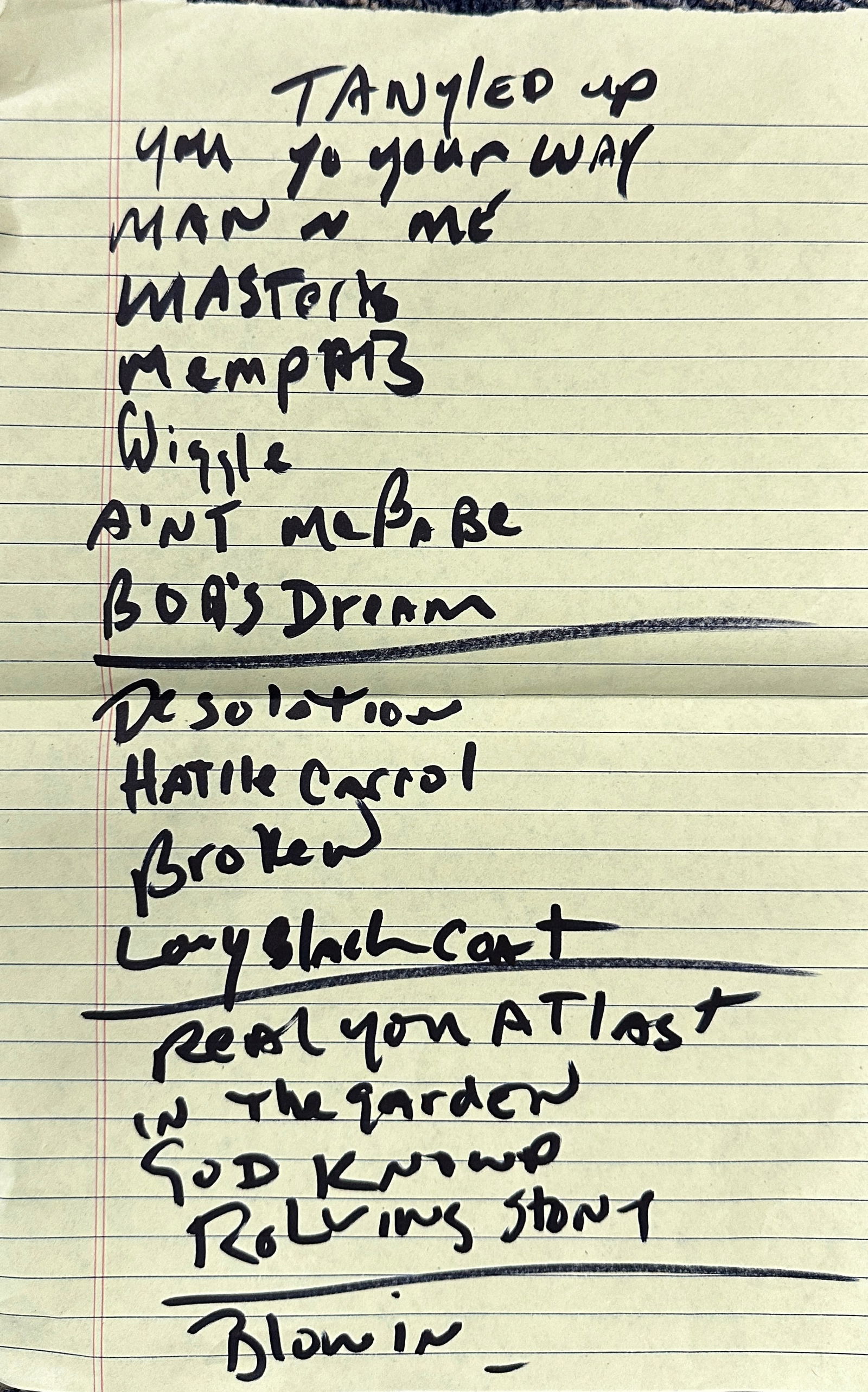 Bob Dylan Autographed Handwritten Setlist! Rare! Auction
