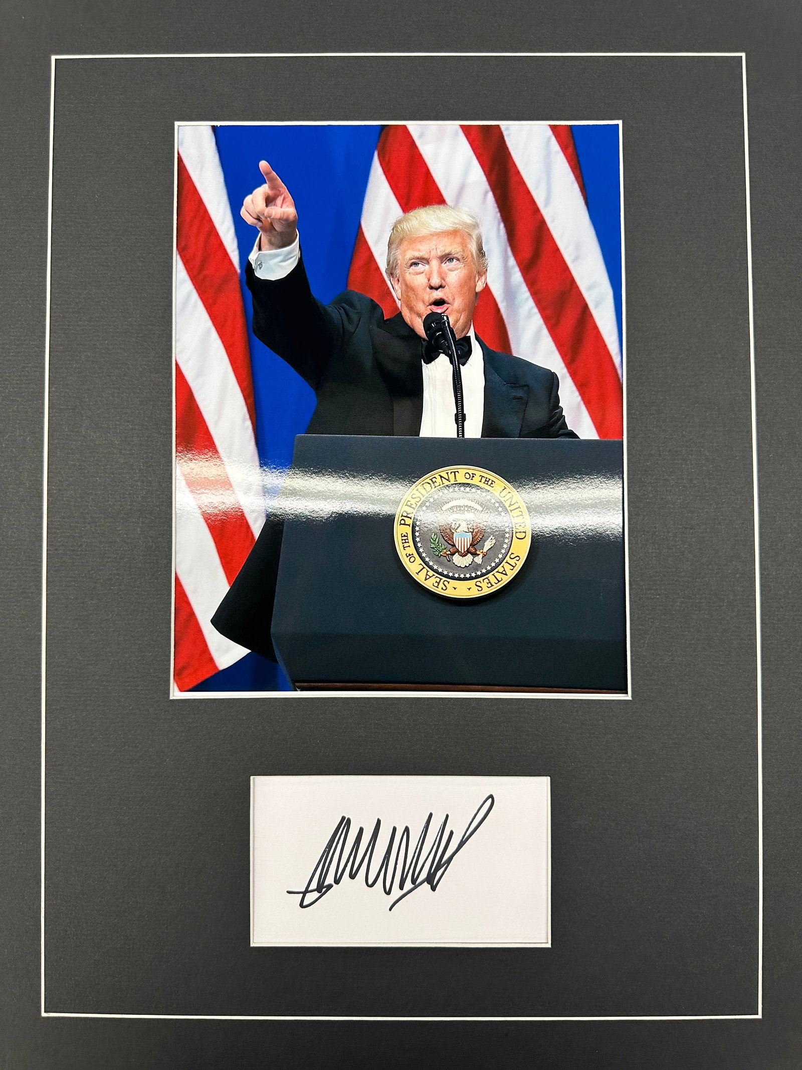 Donald Trump Autographed Display: Displays are not framed, and can be framed for a cost. Framed items will state they are framed in the name of the item. All signed items come with a COA. All items now come with a 3rd Party COA from P