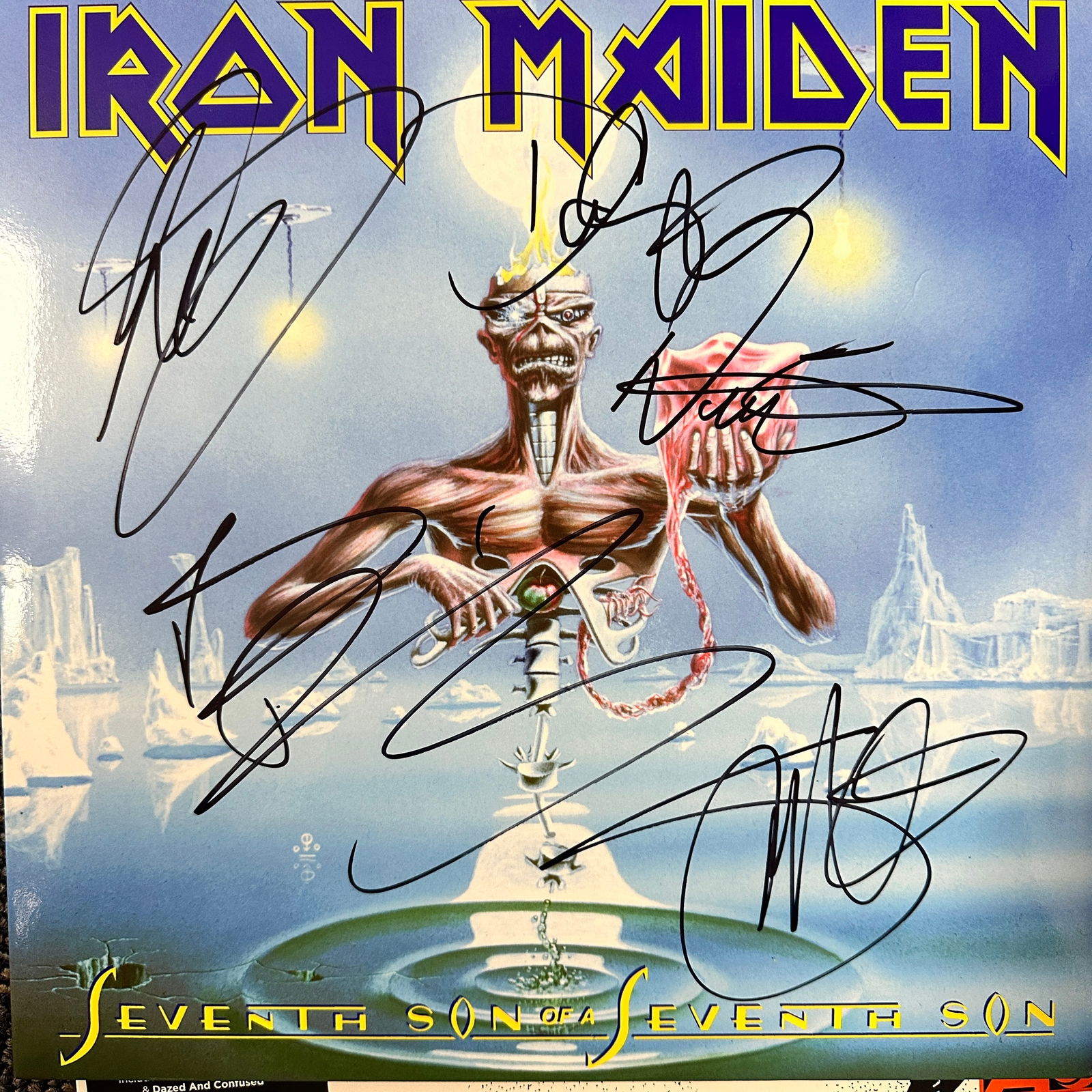 Iron Maiden Autographed Album All 5: The Greatest rock n roll band ever. Custom display! Cool Guitar signed by all 3 PAGE PLANT JONES!Displays are not framed, and can be framed for a cost. Framed items will state they are framed in the n