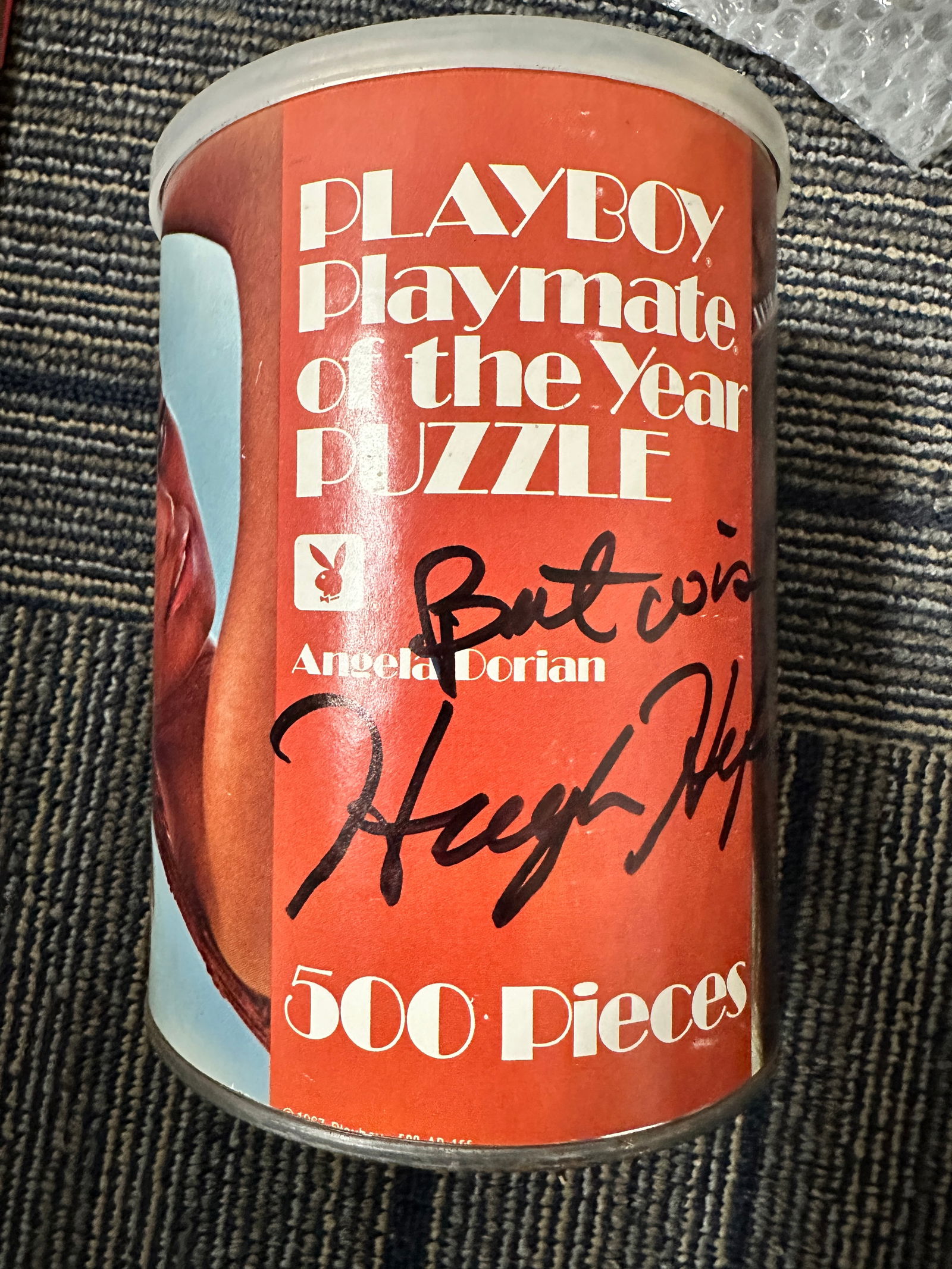 Hugh Hefner Autographed Vintage Puzzle Coffee Can (1 of 1)
