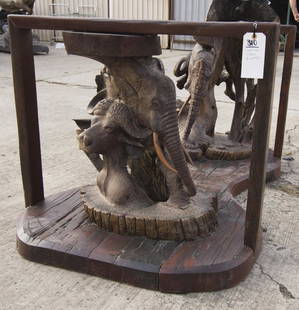 WOODEN ELEPHANT AND CAPE BUFFALO TABLE W/GLASS TOP: WOODEN ELEPHANT AND CAPE BUFFALO TABLE W/GLASS TOP