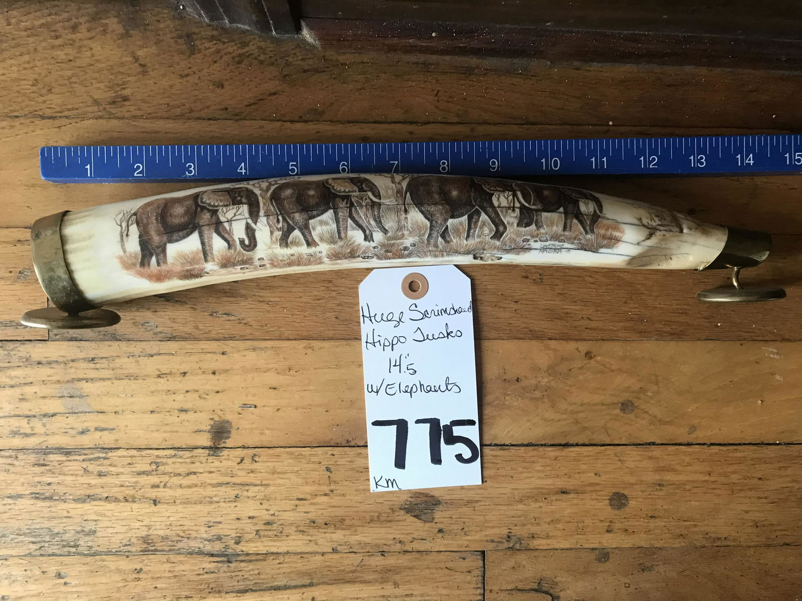 HUGE SCRIMSHAWED HIPPO TUSKS  14.5" W/ELEPHANTS (1 of 4)