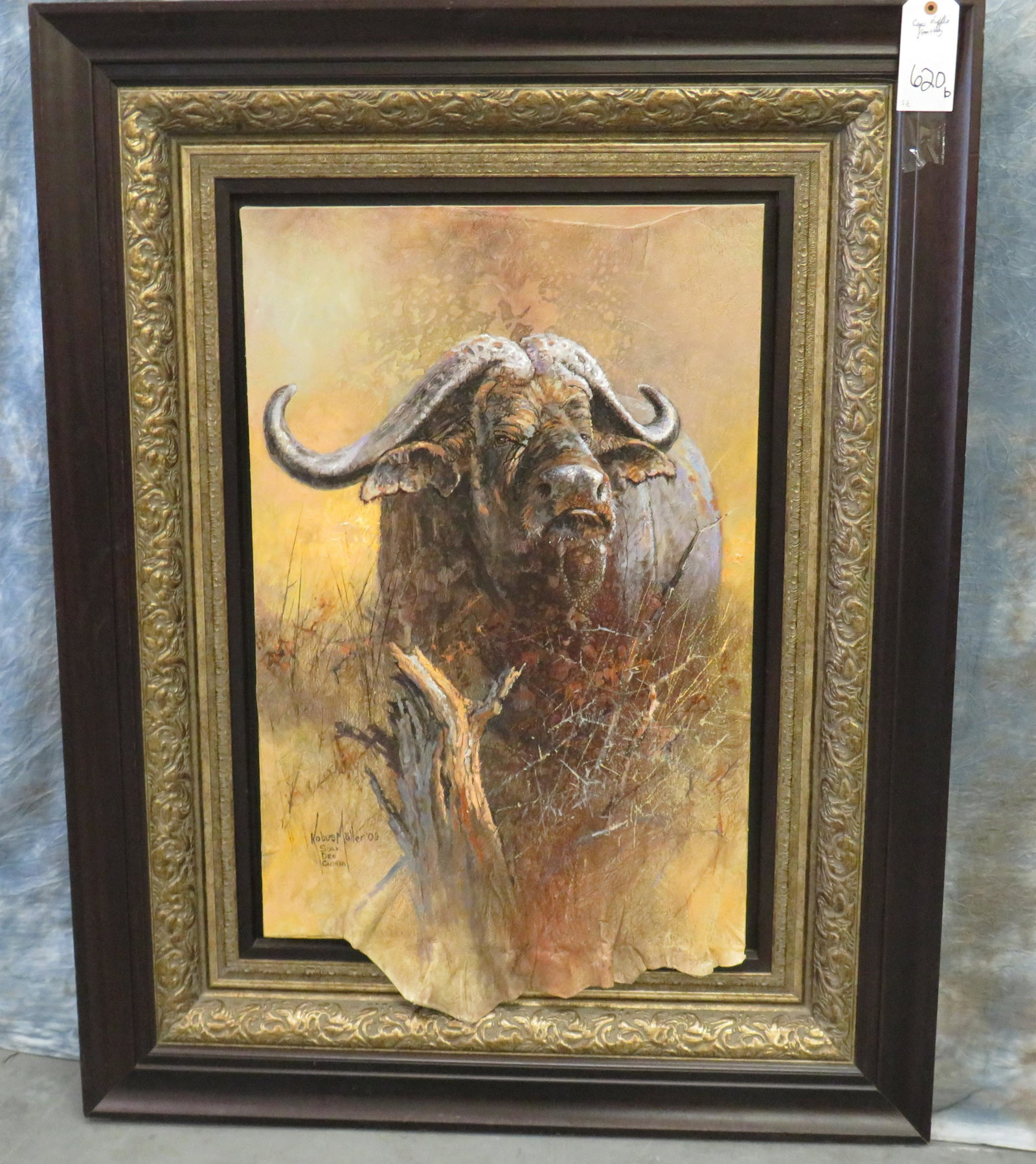 Kobus Moller Custom Framed Cape Buffalo Painting: TAXIDERMY