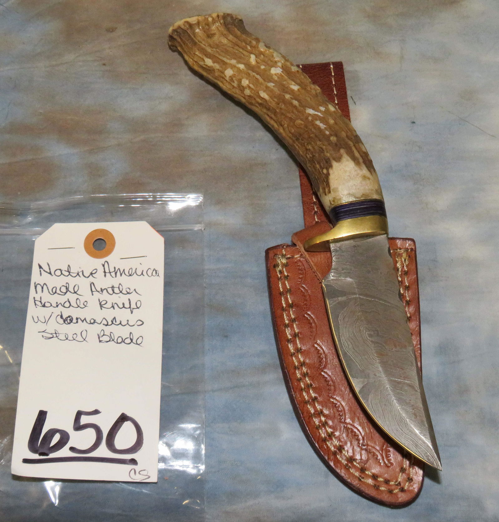 NATIVE AMERICAN MADE ANTLER HANDLE KINFE W CASE AND: 9.5" LONG