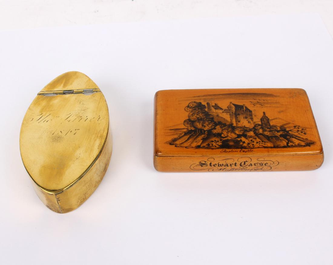 A Mauchline ware snuff box, the cover decorated a named (1 of 2)