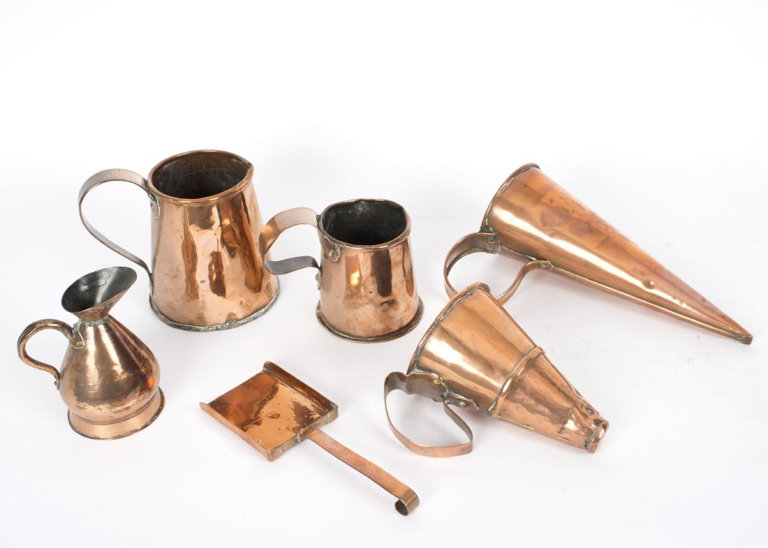 A copper ale warmer of conical form, two copper mugs, (1 of 1)