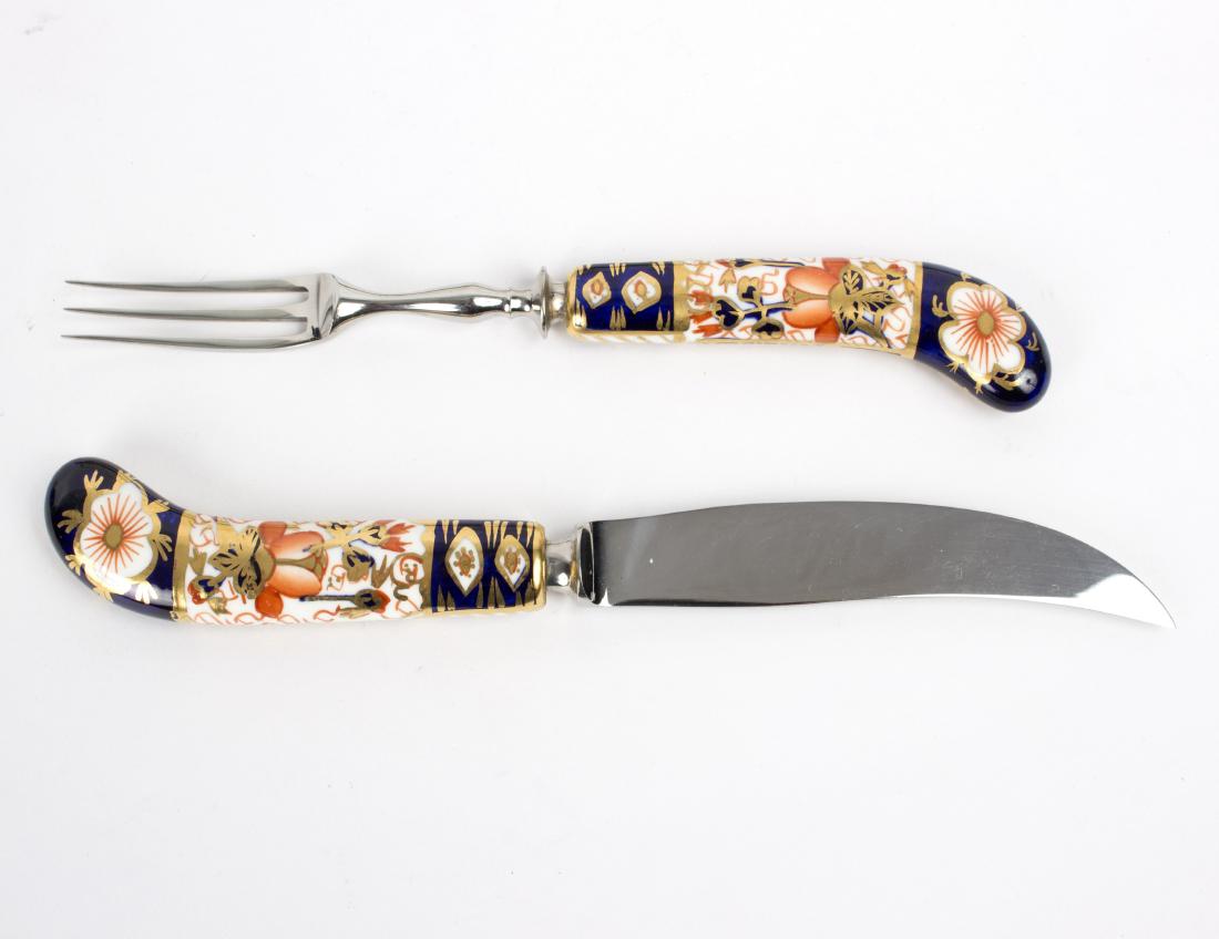 A set of Six Royal Crown Derby dessert knives and: A set of Six Royal Crown Derby dessert knives and forks, the pistol grip handles in the Imari palette, cased/Provenance: Beverston Castle