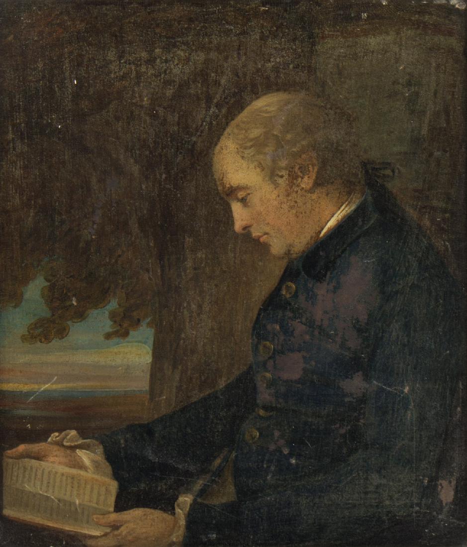 Attributed to John Downman/Gentleman Seated by a Tree: Attributed to John Downman/Gentleman Seated Beneath a Tree/half-length portrait, reading manuscript music/gum arabic over watercolour, 28cm x 24cm