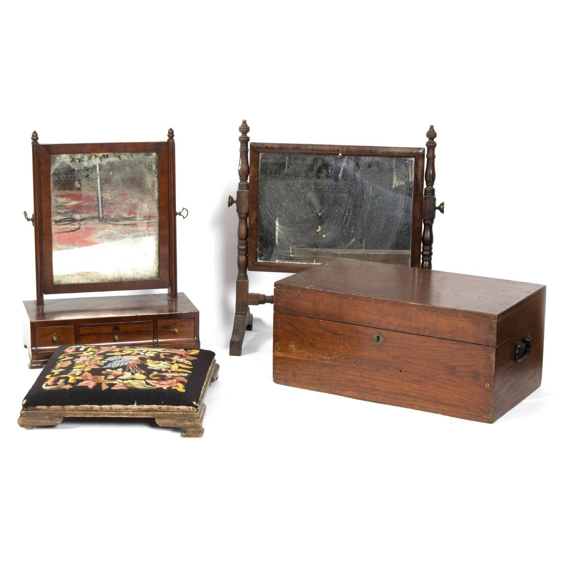 Two swing frame dressing table mirrors, a mahogany: Two swing frame dressing table mirrors, a mahogany fitted box and a low stool