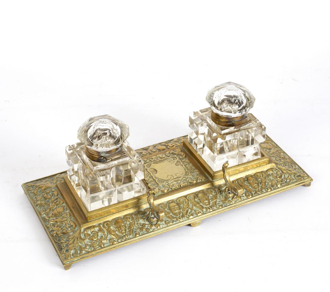 A brass inkstand, fitted two cut glass inkwells and a (1 of 1)