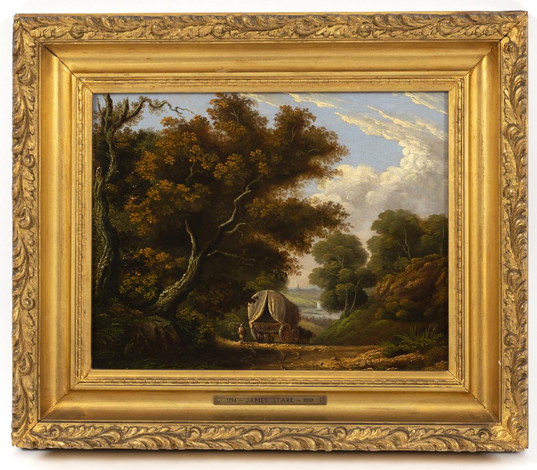 Attributed to James Stark (British 1794-1859)/Landscape: Attributed to James Stark (British 1794-1859)/Landscape with Caravan and Horses/village in the distance/J Davey & Son Ltd. label verso/oil on panel, 22.5cm x 29cm