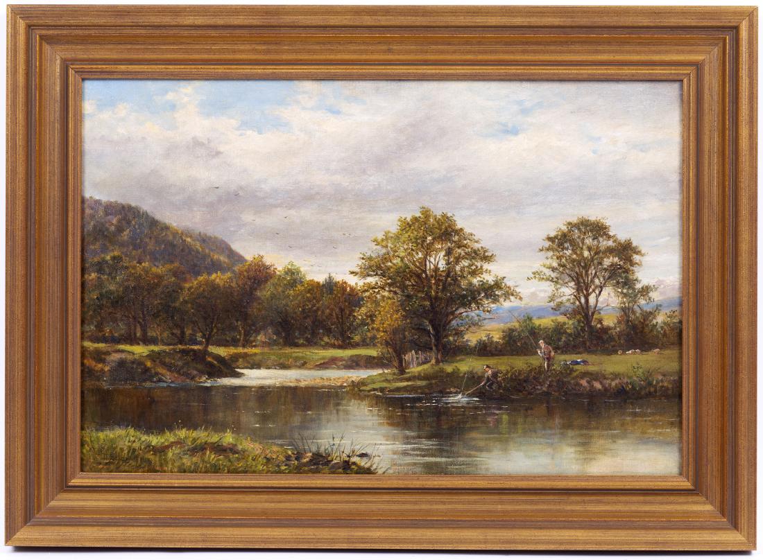 David Bates (British 1840-1921)/River Landscape with: David Bates (British 1840-1921)/River Landscape with Fishermen/signed lower left and dated 1870/oil on canvas, 39cm x 60cm/Provenance: Bonham's 26th November 2013
