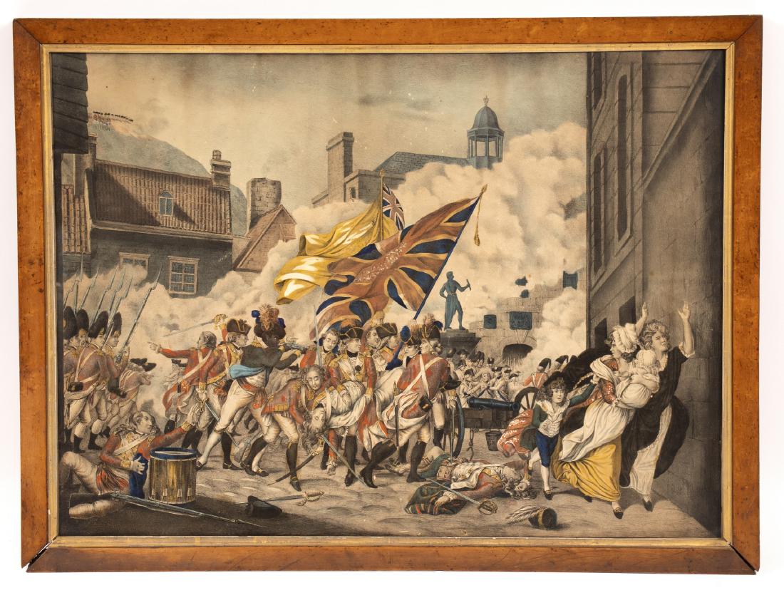 After John Singleton Copley (1738-1815)/The Death of: After John Singleton Copley (1738-1815)/The Death of Major Pierson, 6 January 1781/hand coloured lithograph, 56cm x 77cm/in a birdseye maple frame