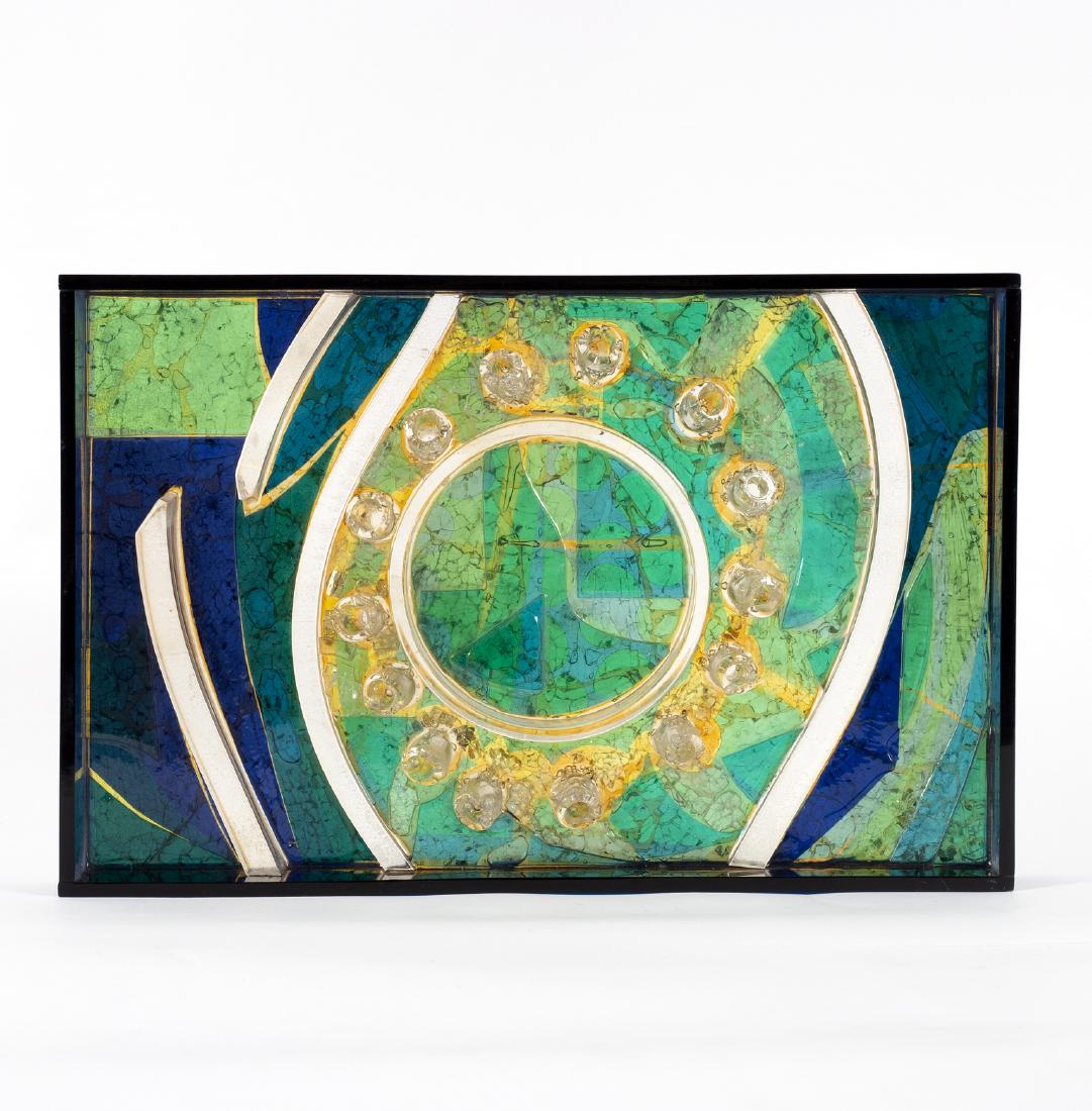 Edwin Weymouth, a studio glass wall plaque of abstract: Edwin Weymouth, a studio glass wall plaque of abstract form, signed and inscribed to the side, 37.5cm x 24cm