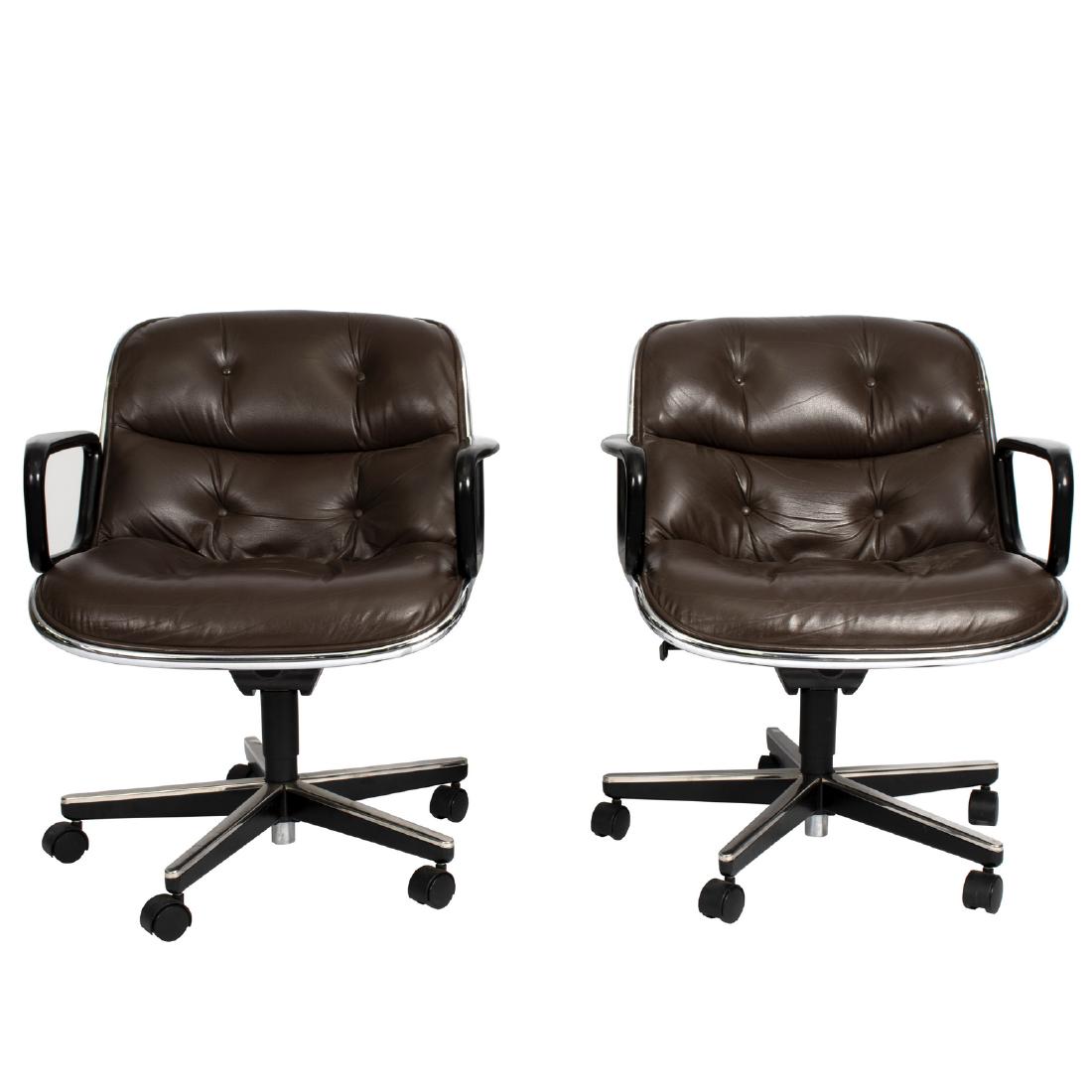 Charles Pollock for Knoll, a pair of executive: Charles Pollock for Knoll, a pair of executive armchairs, brown leather button upholstery with chromed frame and detachable arms