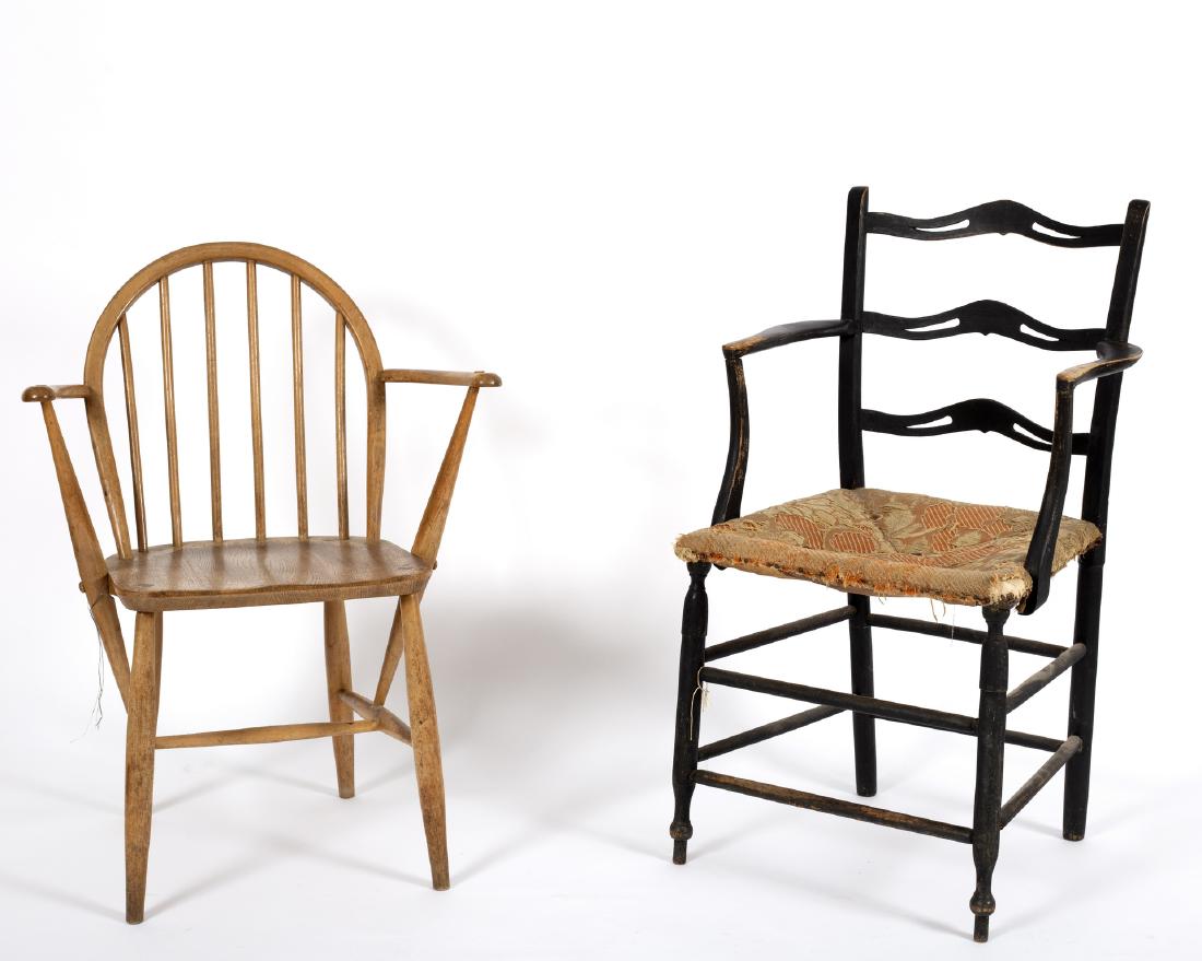 An Arts and Crafts style ebonised ladder back chair and: An Arts and Crafts style ebonised ladder back chair and an Ercol ash and elm Windsor chair