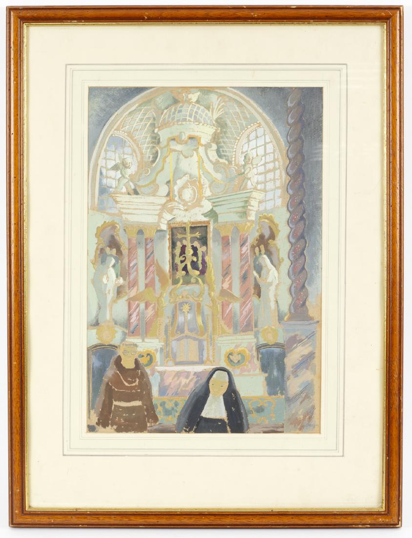 William Frederick Colley (British 1907-1957)/Cathedral: William Frederick Colley (British 1907-1957)/Cathedral Interior with Figures/signed and dated W F Colley '49/gouache, 51.5cm x 35cm/Note: Colley studied and taught painting and print making at Birming