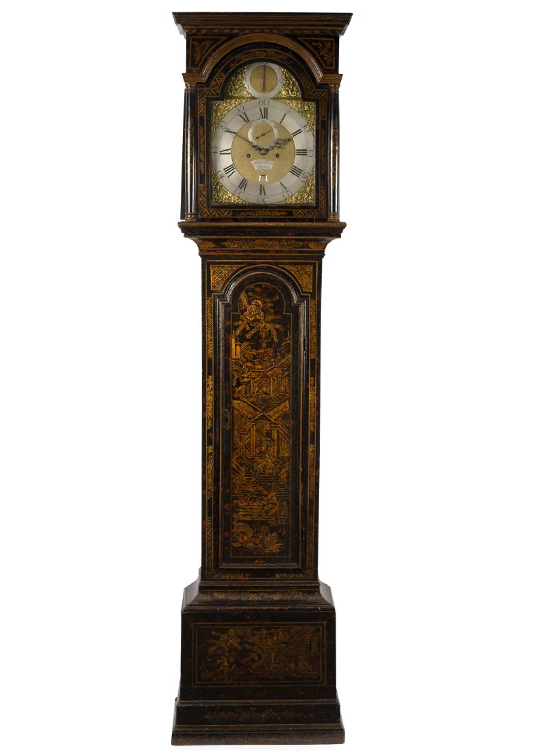 A late 18th Century eight-day longcase clock by James: A late 18th Century eight-day longcase clock by James Smith, London, with date aperture, silvered strike/silent dial and seconds dial, in an associated chinoiserie case with arch door to the trunk, de