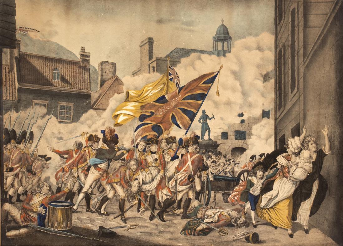 After John Singleton Copley (1738-1815)/The Death of: After John Singleton Copley (1738-1815)/The Death of Major Pierson, 6 January 1781/hand coloured lithograph, 56cm x 77cm/in a birdseye maple frame/after Angelica Kauffman/The Bathers/mezzotint oval, 3