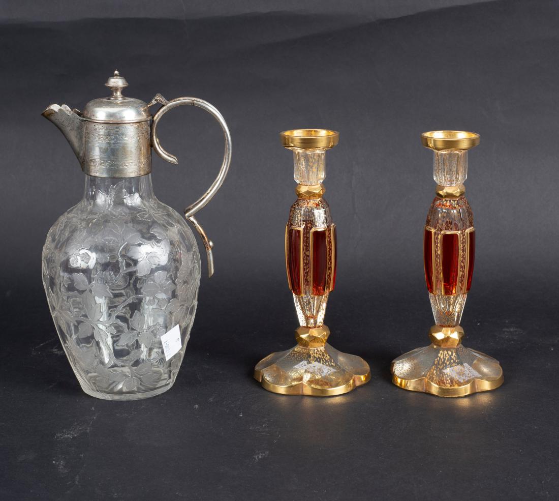 An etched glass claret jug with plated mounts, (1 of 2)