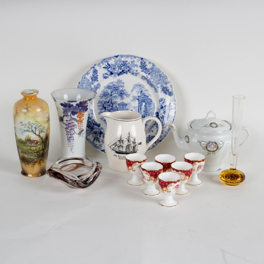 A group of ceramics and glass to including a flared: A group of ceramics and glass to including a flared vase with wisteria decoration, a Spode jug commemorating the ship 'Friendship of Salem' and other items