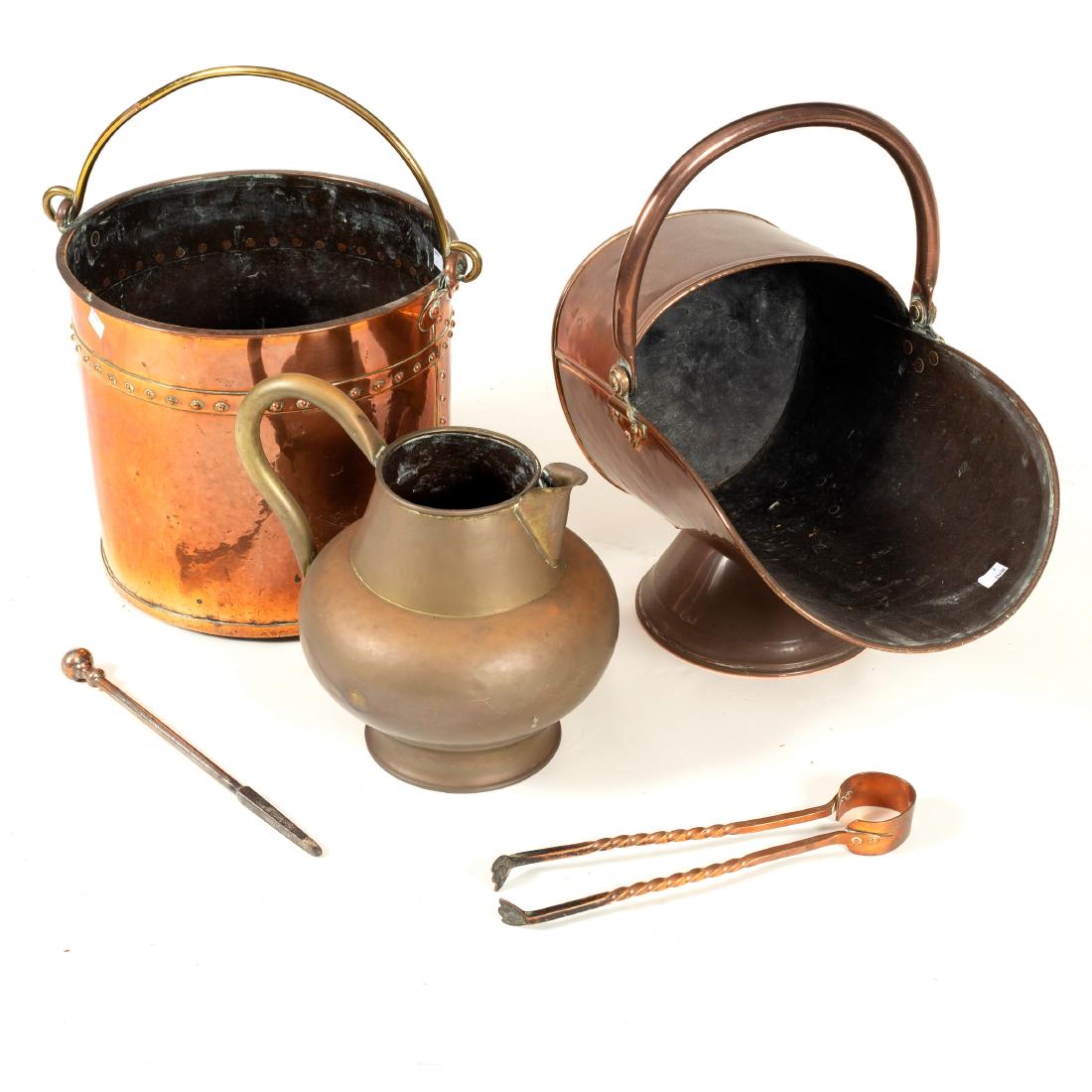 A copper coal hod, a copper bucket, a brass ewer and (1 of 2)