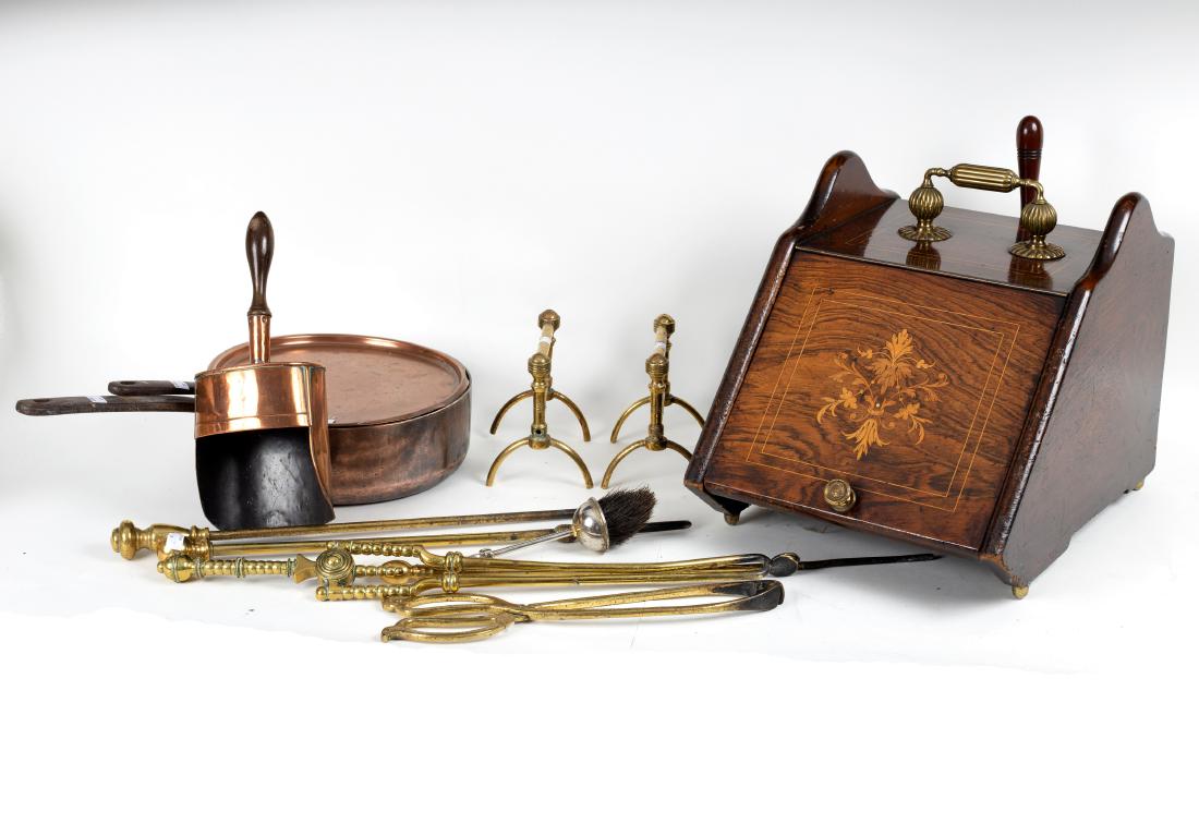 A rosewood coal hod, a copper saucepan and various (1 of 2)