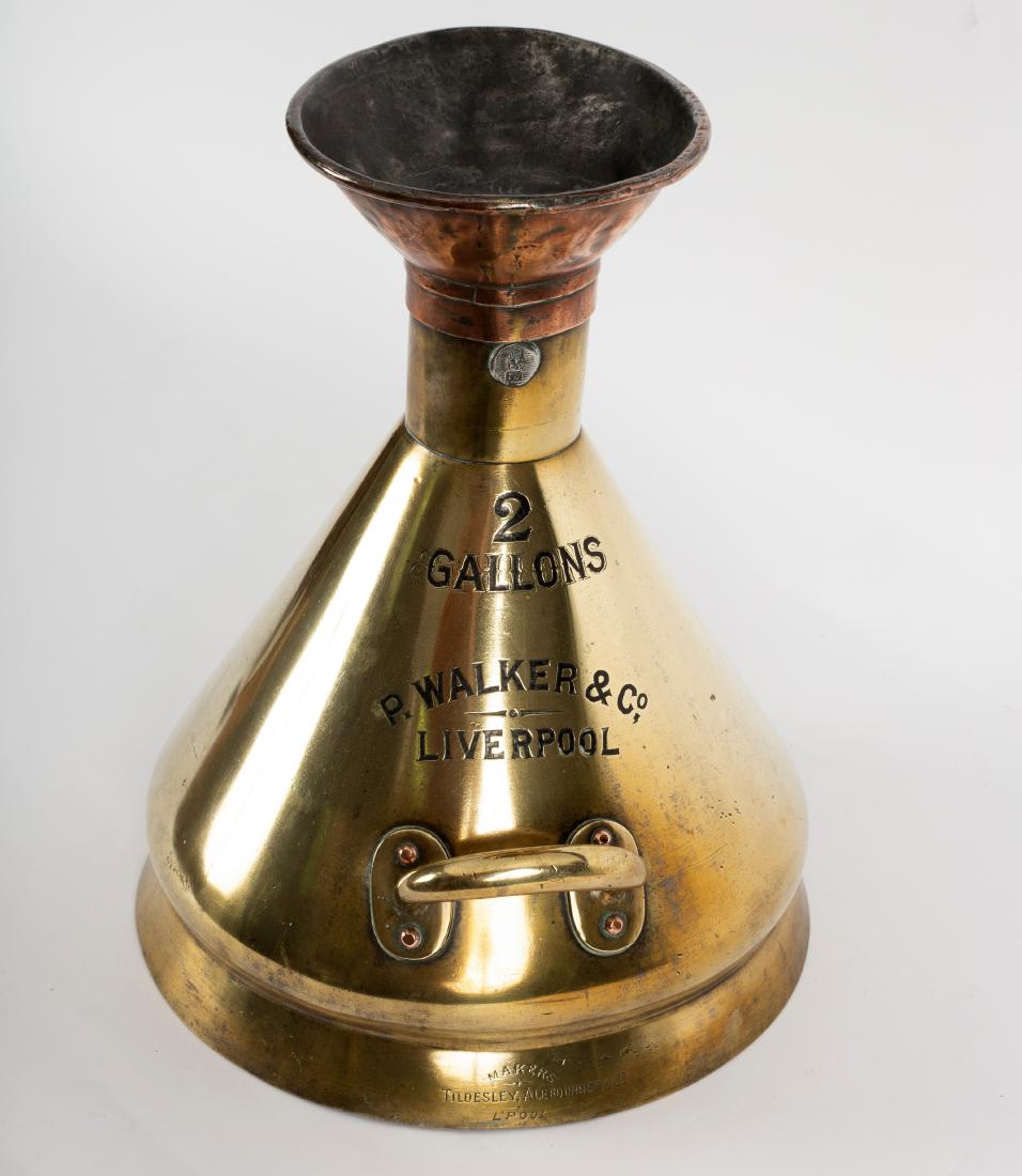 A brass two gallon measure, R Walker & Co., Liverpool,: A brass two gallon measure, R Walker & Co., Liverpool, 42cm high