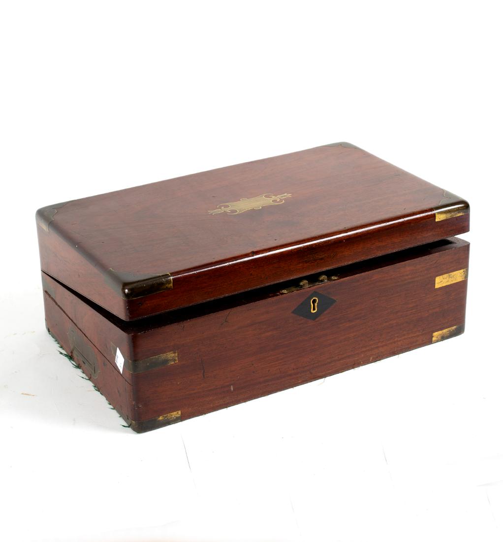 A Victorian mahogany brass bound writing box with (1 of 2)